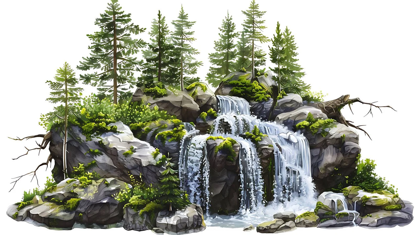 Serene Waterfall in Forest Clearing White Background — free download from Dotvec