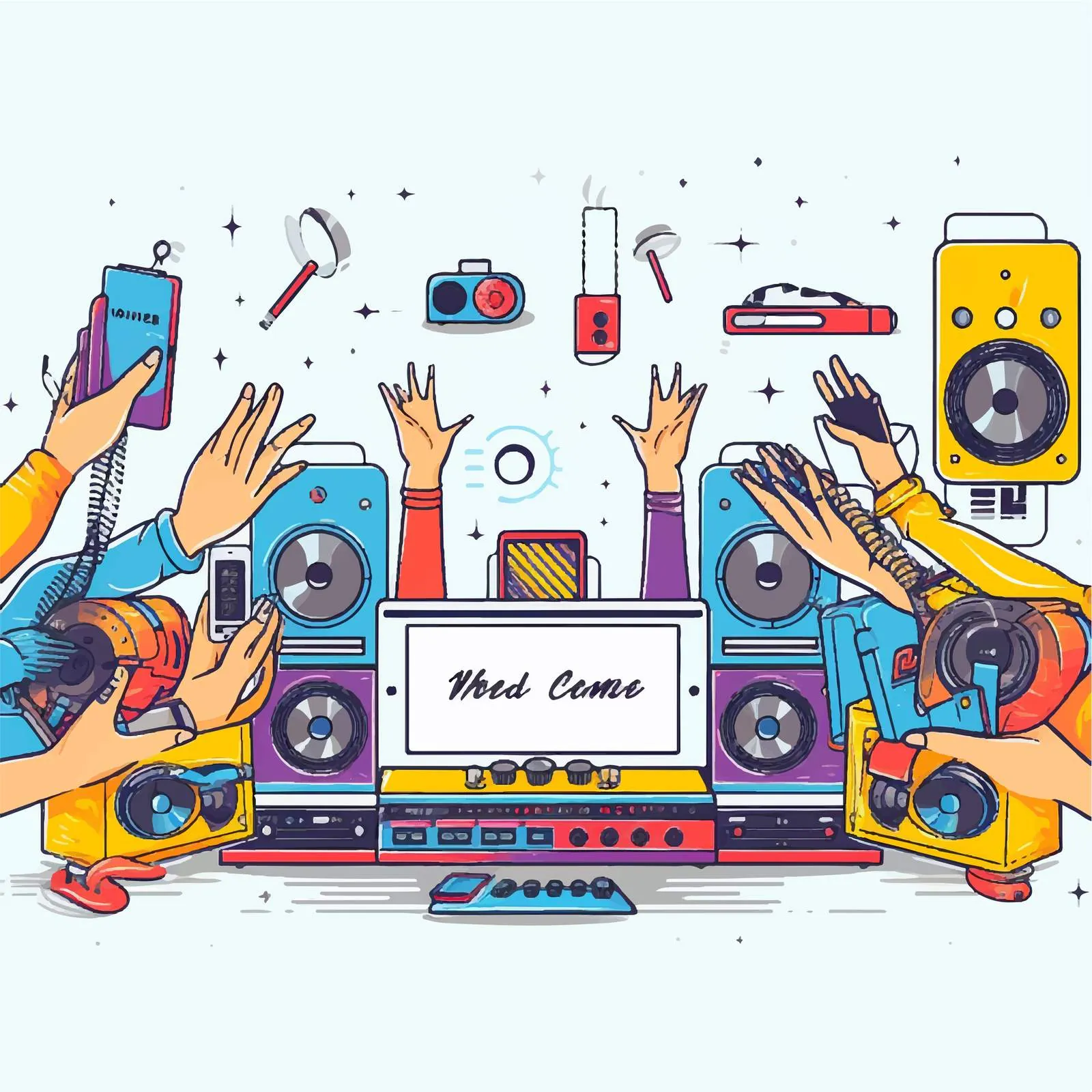 Hands and Devices Music Playing Banner Template — free download from Dotvec