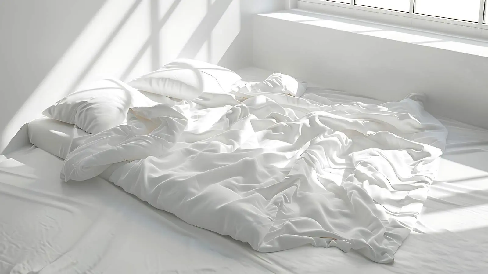 Crumpled Bed Linens with Morning Sunlight Shadows – free room ambiance image from Dotvec