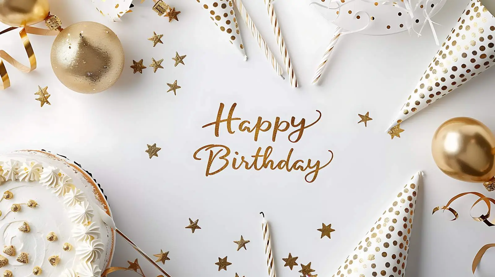 Elegant White Gold Birthday Party Background with Cake – free balloon image from Dotvec