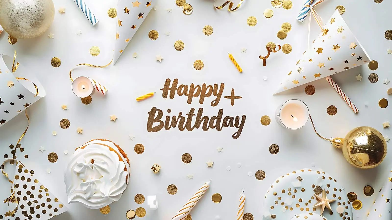 White Gold Birthday Party Background with Cake – free balloon image from Dotvec