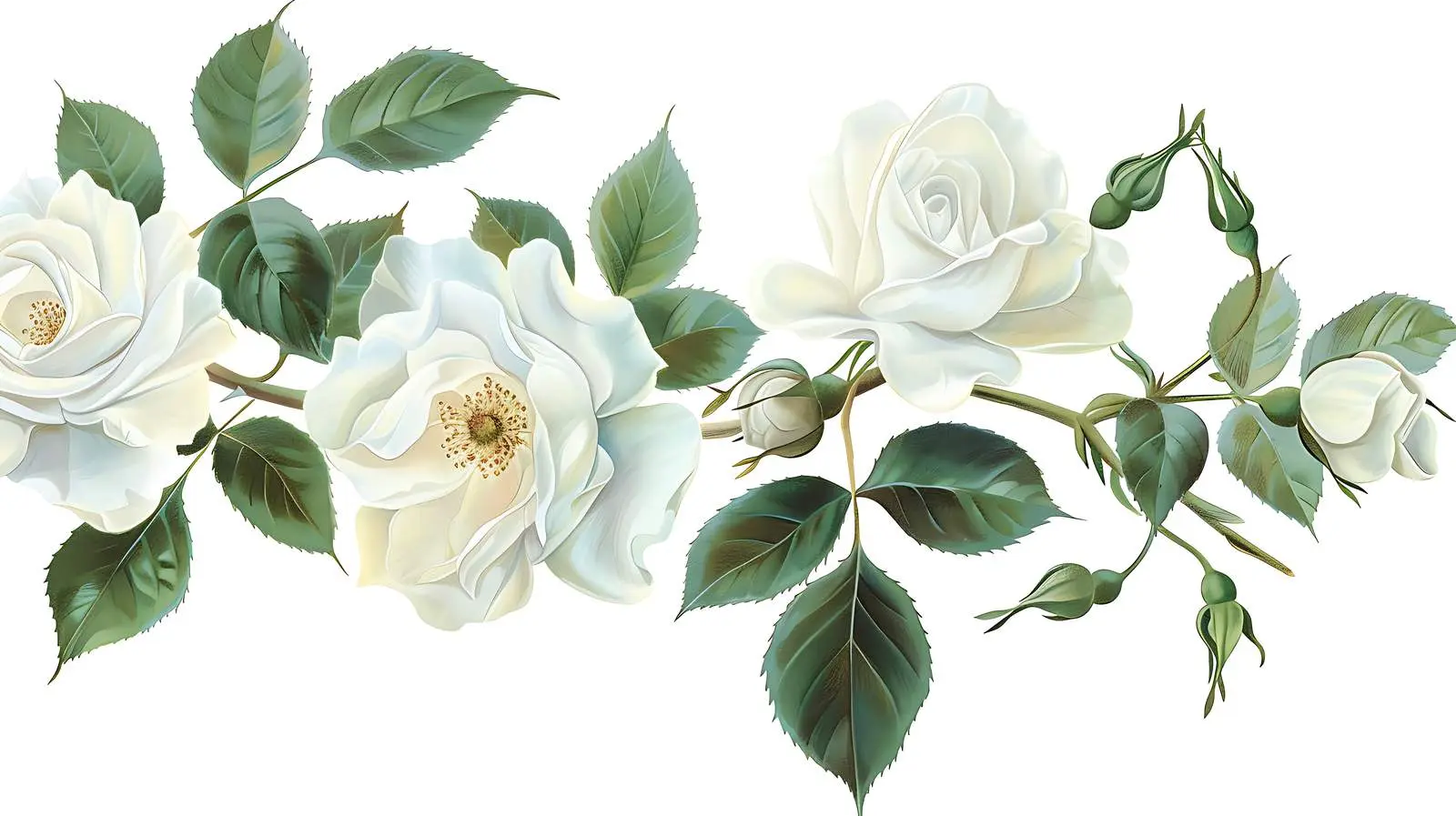 Aesthetic White Roses with Branches and Leaves — free download from Dotvec