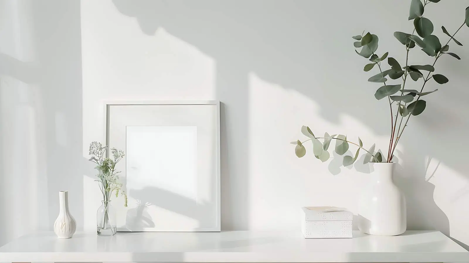 Elegant White Table with Photo Frame and Eucalyptus – free decorative accent image from Dotvec