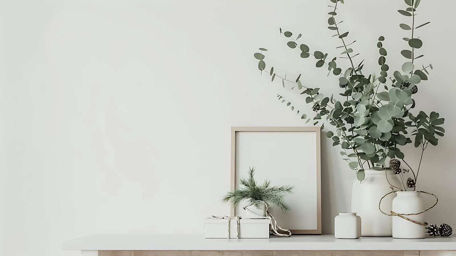Elegant White Table with Eucalyptus and Photo Frame — free download from Dotvec