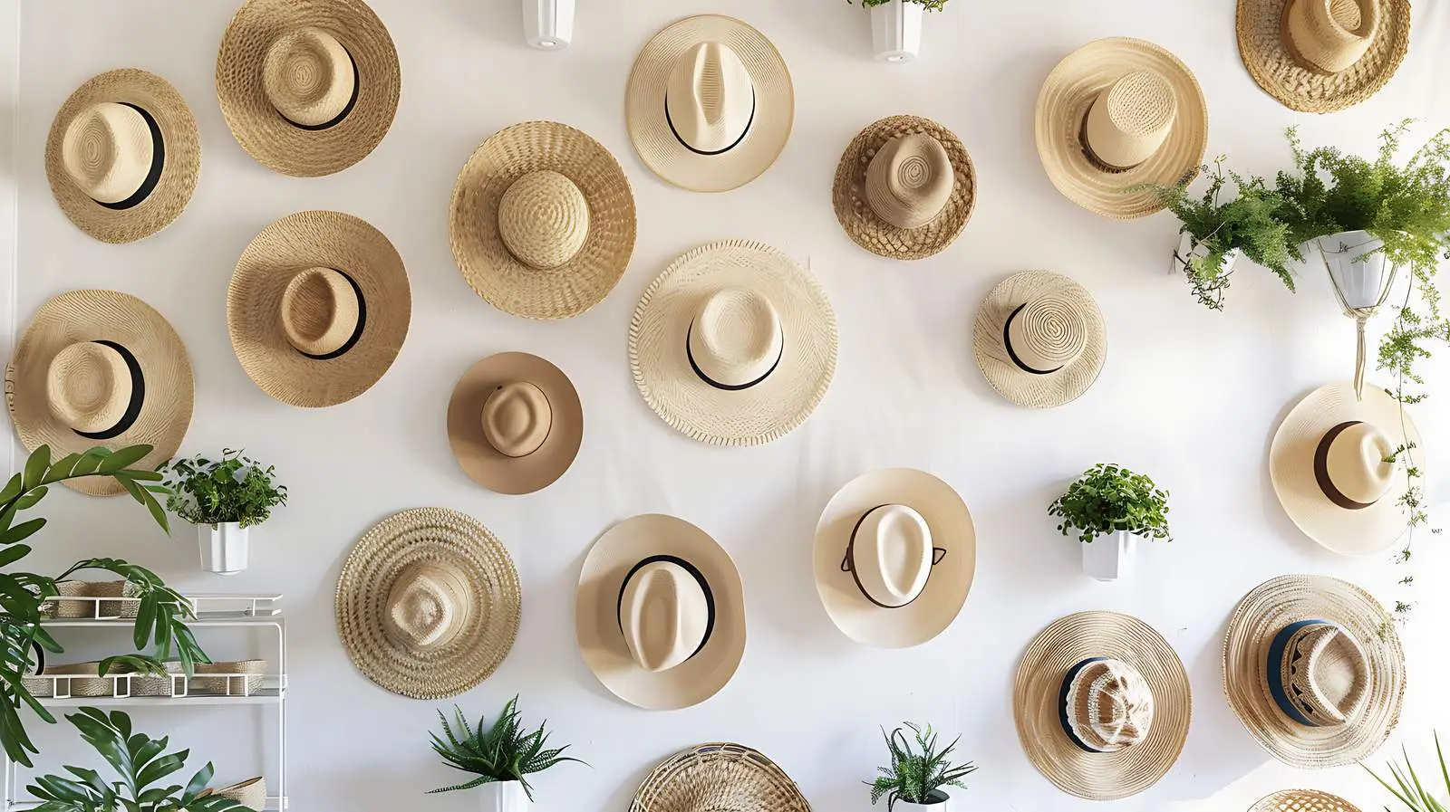 Decorative Wall with Straw Hats and Plants – free relaxed vibe image from Dotvec