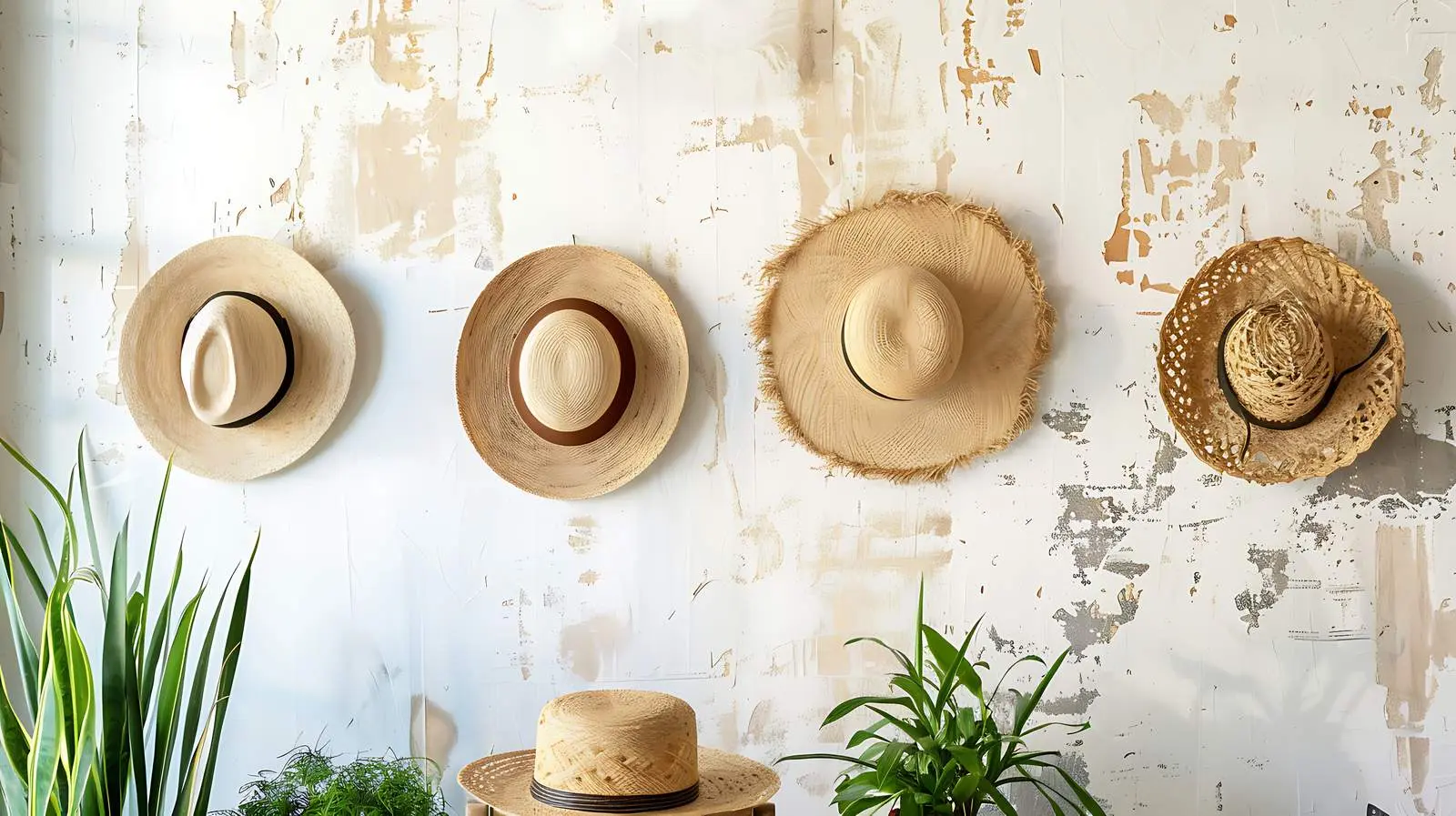 Cafe Wall Decor with Straw Hats and Plants — free download from Dotvec