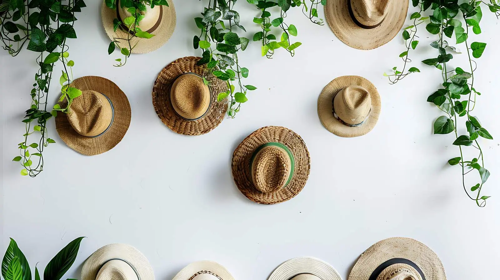 Charming Cafe Wall with Straw Hats and Plants – free vintage decor image from Dotvec