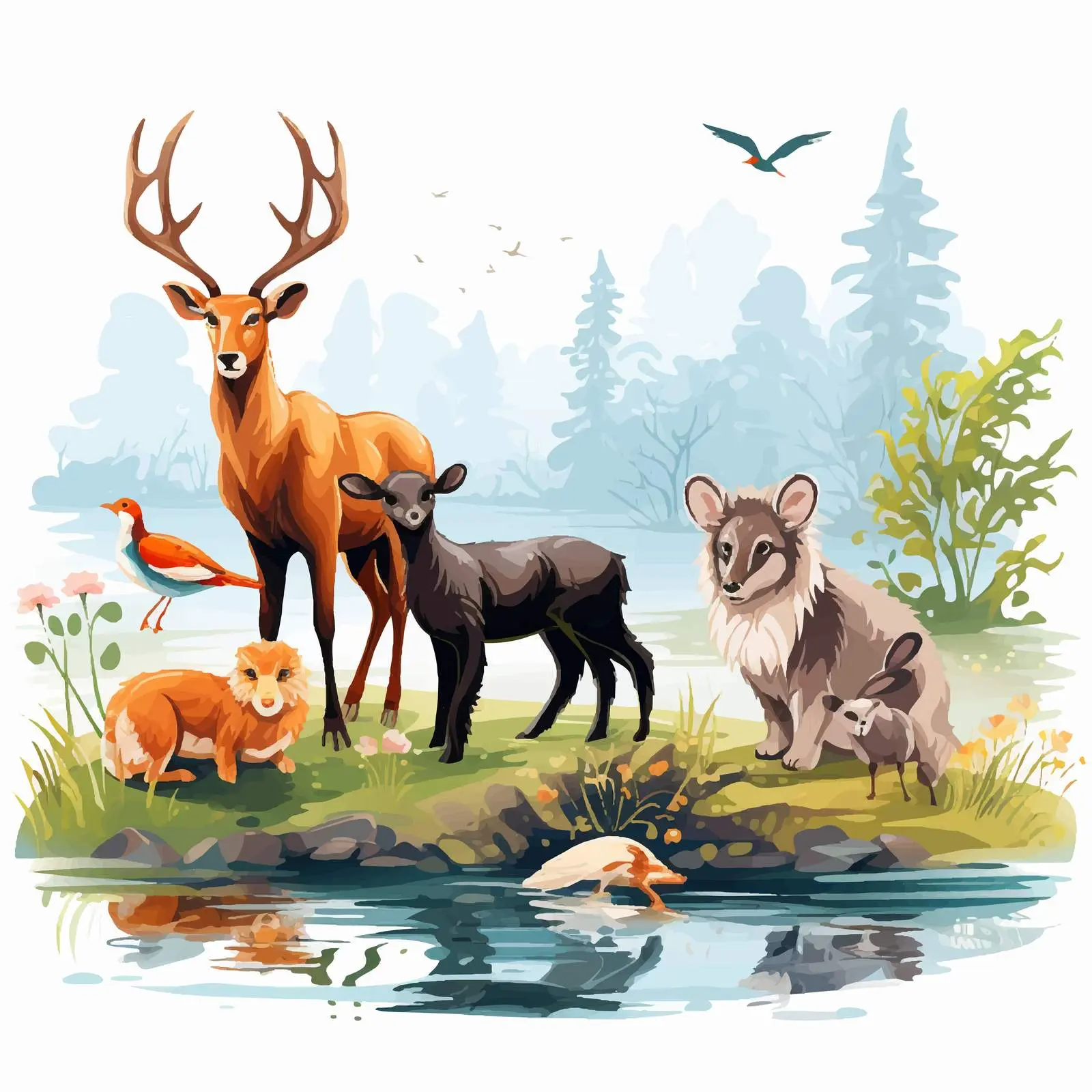 Wild Animals by River Bank Illustration — free download from Dotvec