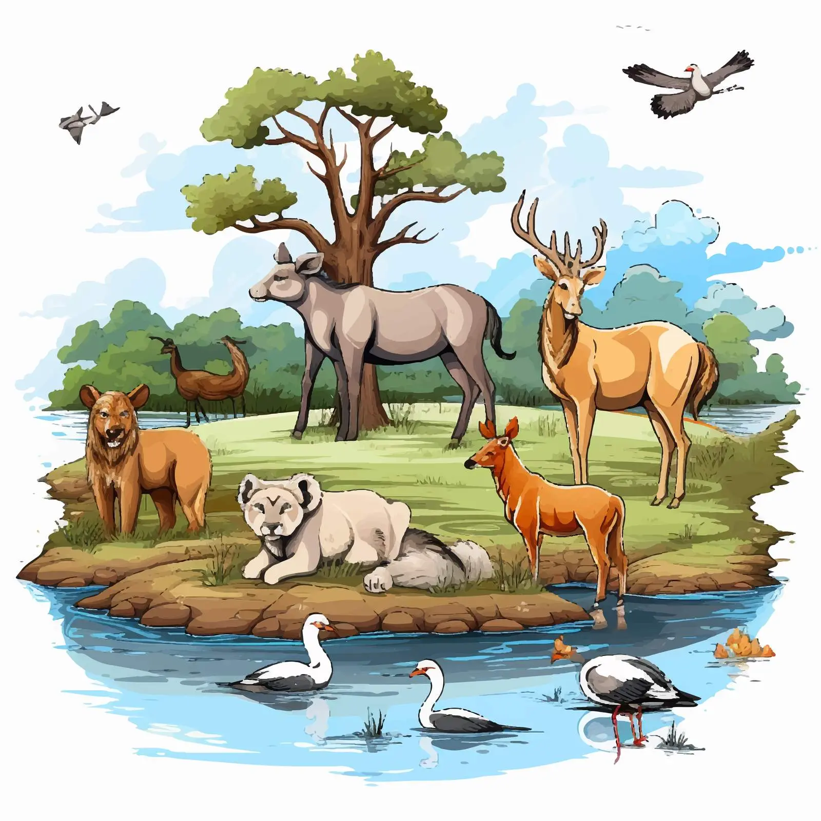 Wild Animals at River Bank Illustration – free river ecosystem image from Dotvec