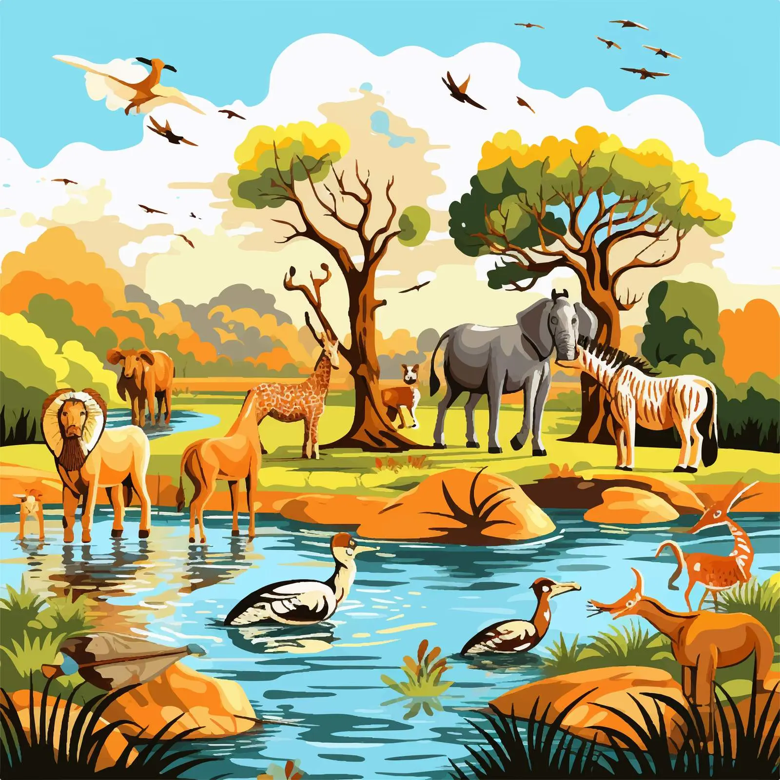Wild Animals by the River Bank Illustration — free download from Dotvec
