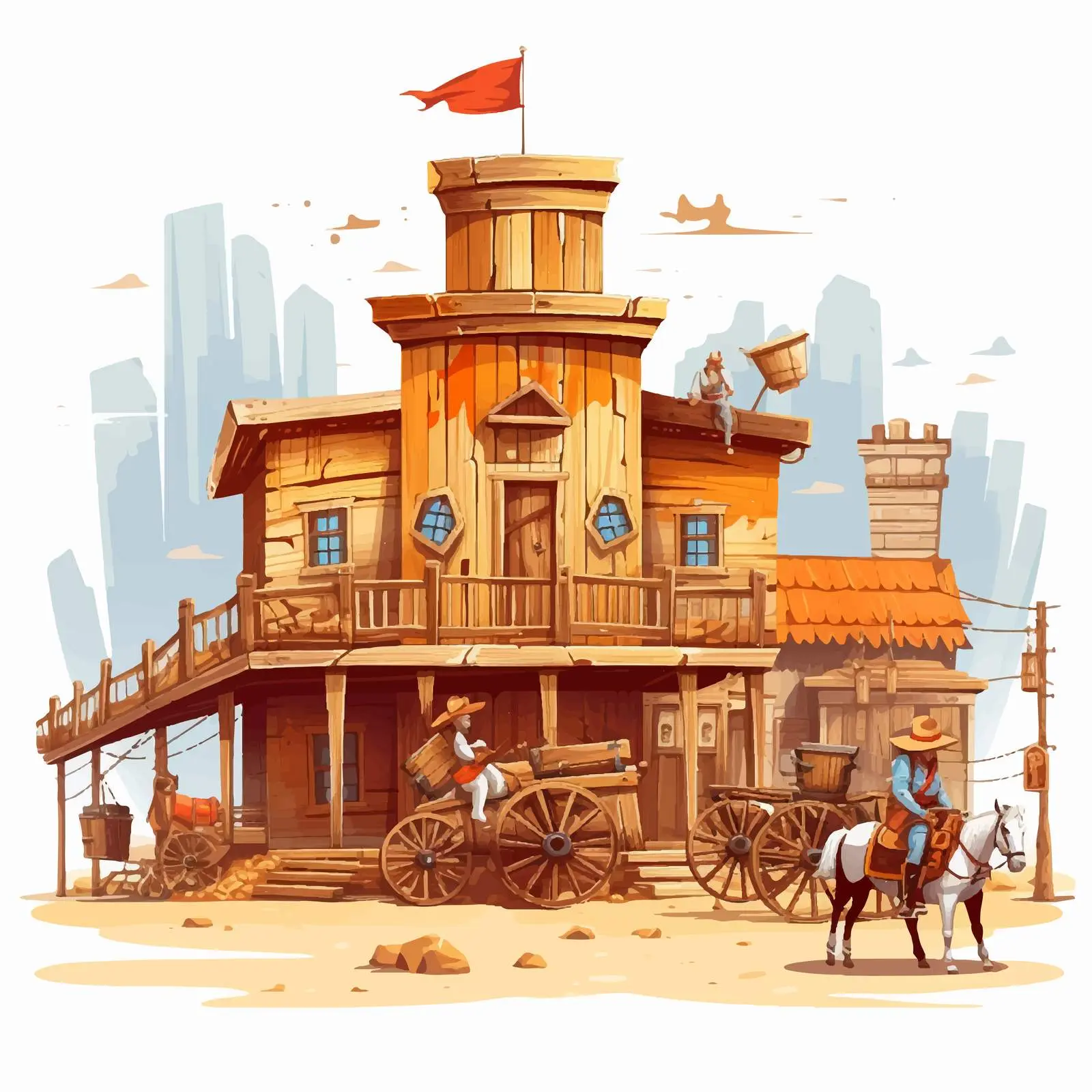 Wild West Cowboys and Buildings Vector Illustration – free rural scene image from Dotvec