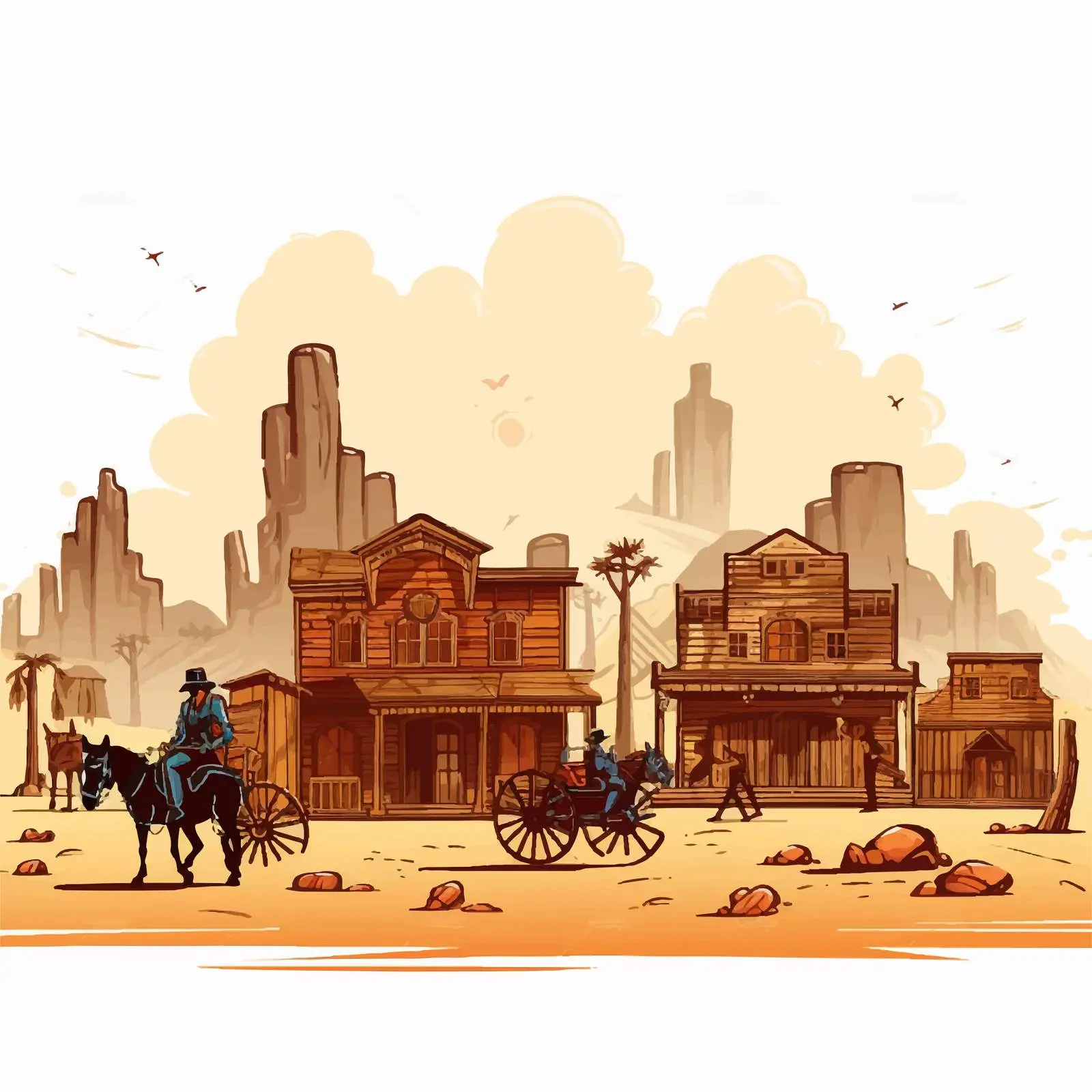 Wild West Cowboys and Buildings Vector Illustration — free download from Dotvec