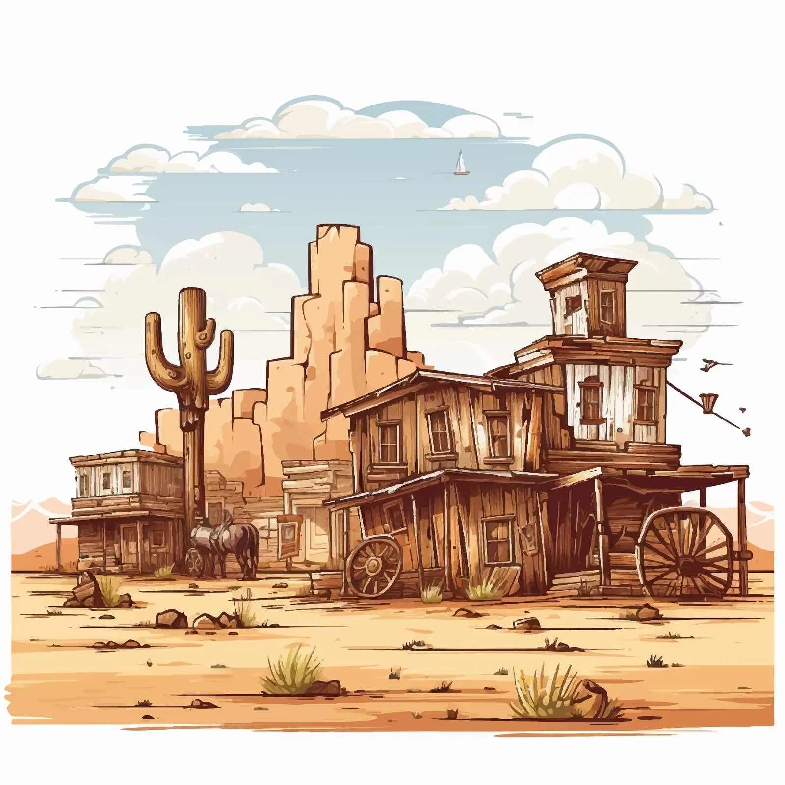 Wild West Cowboys and Buildings Vector Illustration — free download from Dotvec