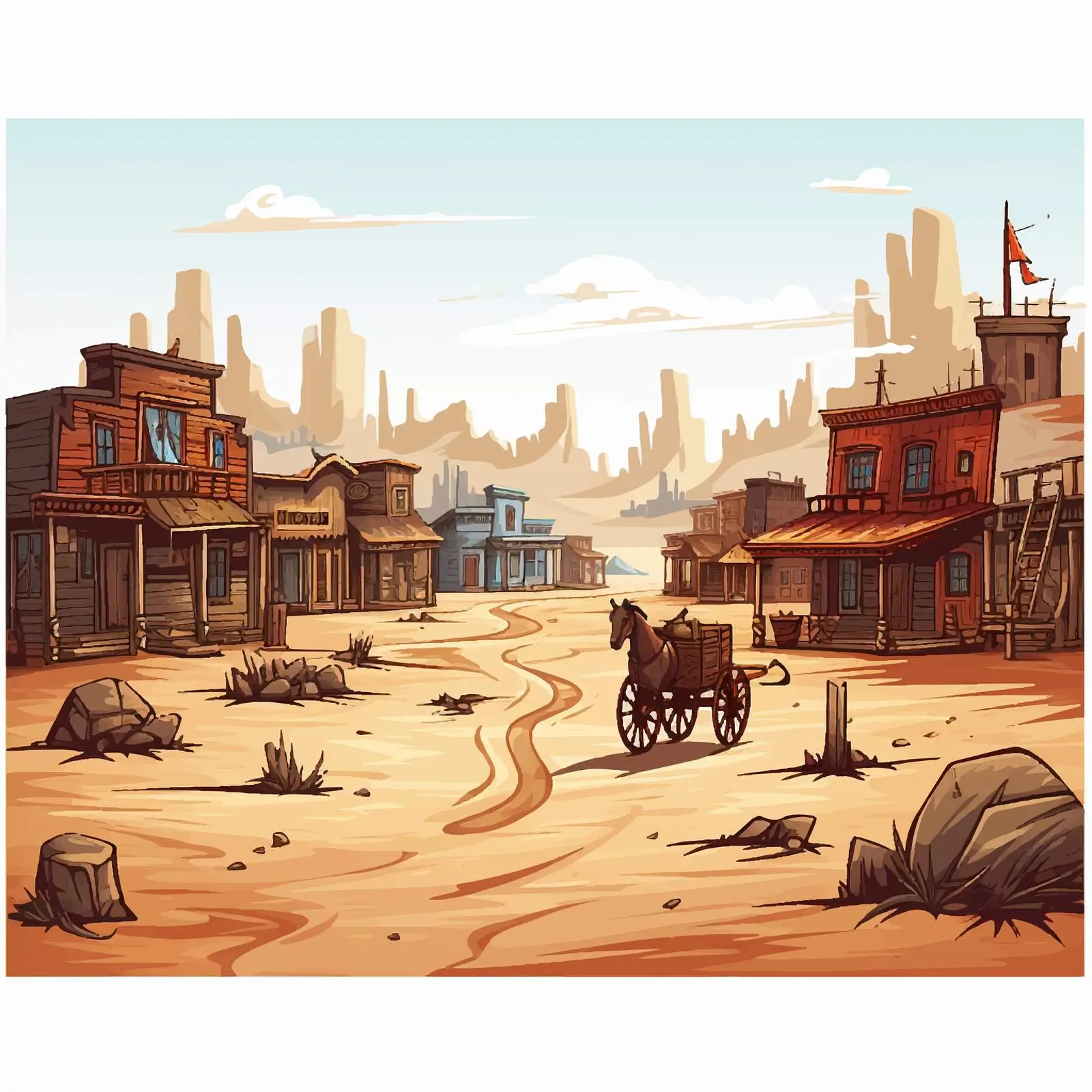 Detailed Cartoon Wild West Illustration Scene — free download from Dotvec
