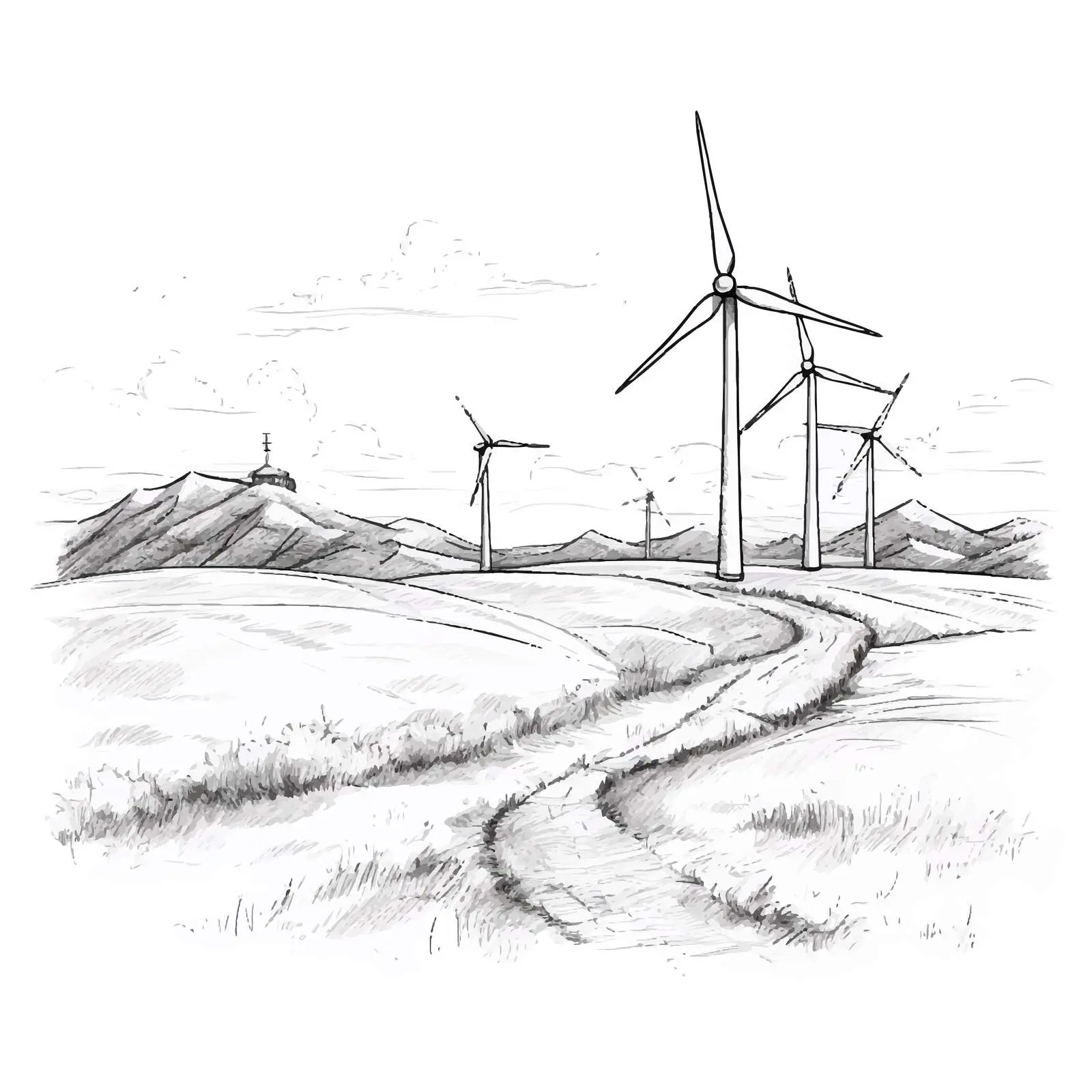 Hand-Drawn Wind Generators Landscape Sketch — free download from Dotvec