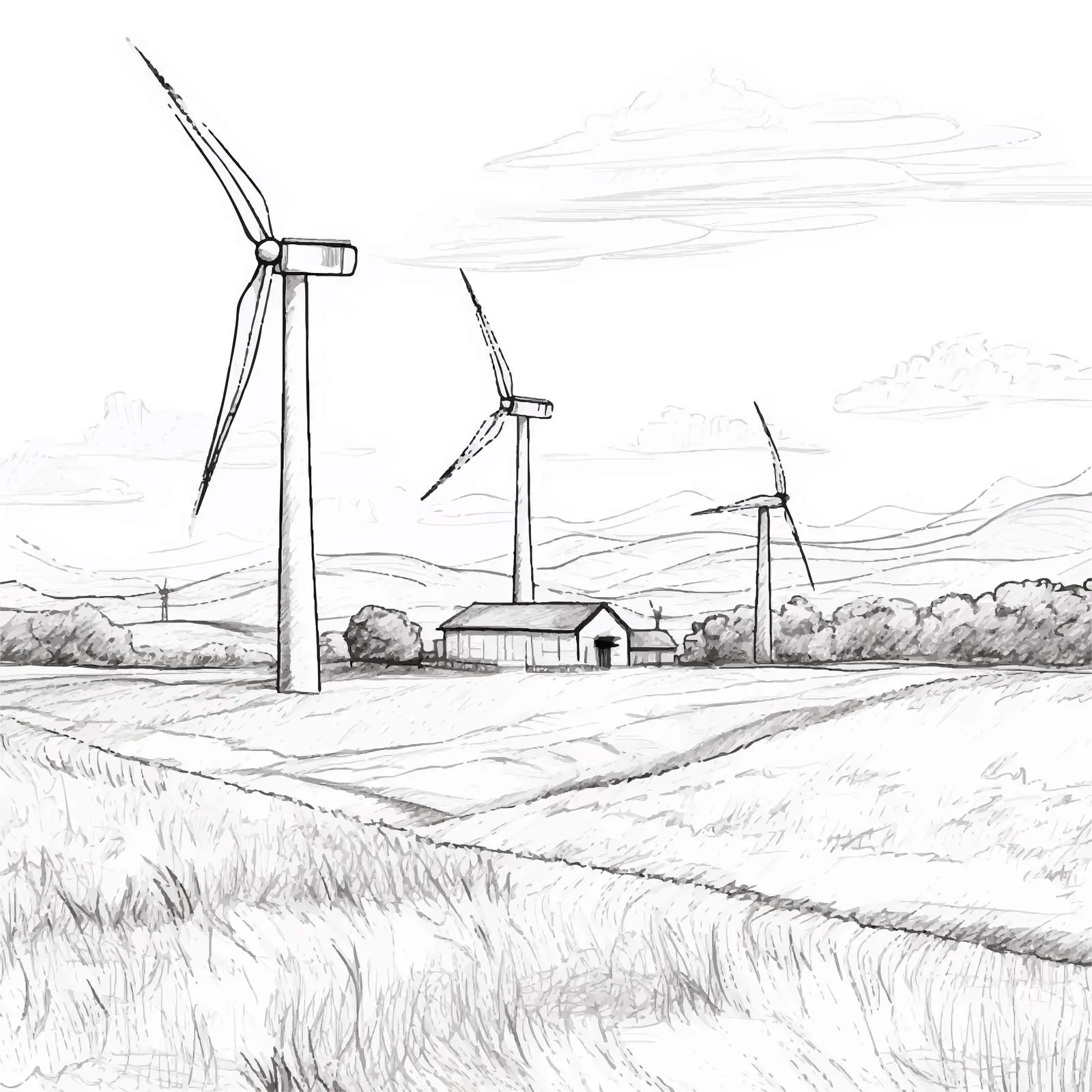 Hand-Drawn Wind Generators Landscape Sketch – free sketching image from Dotvec