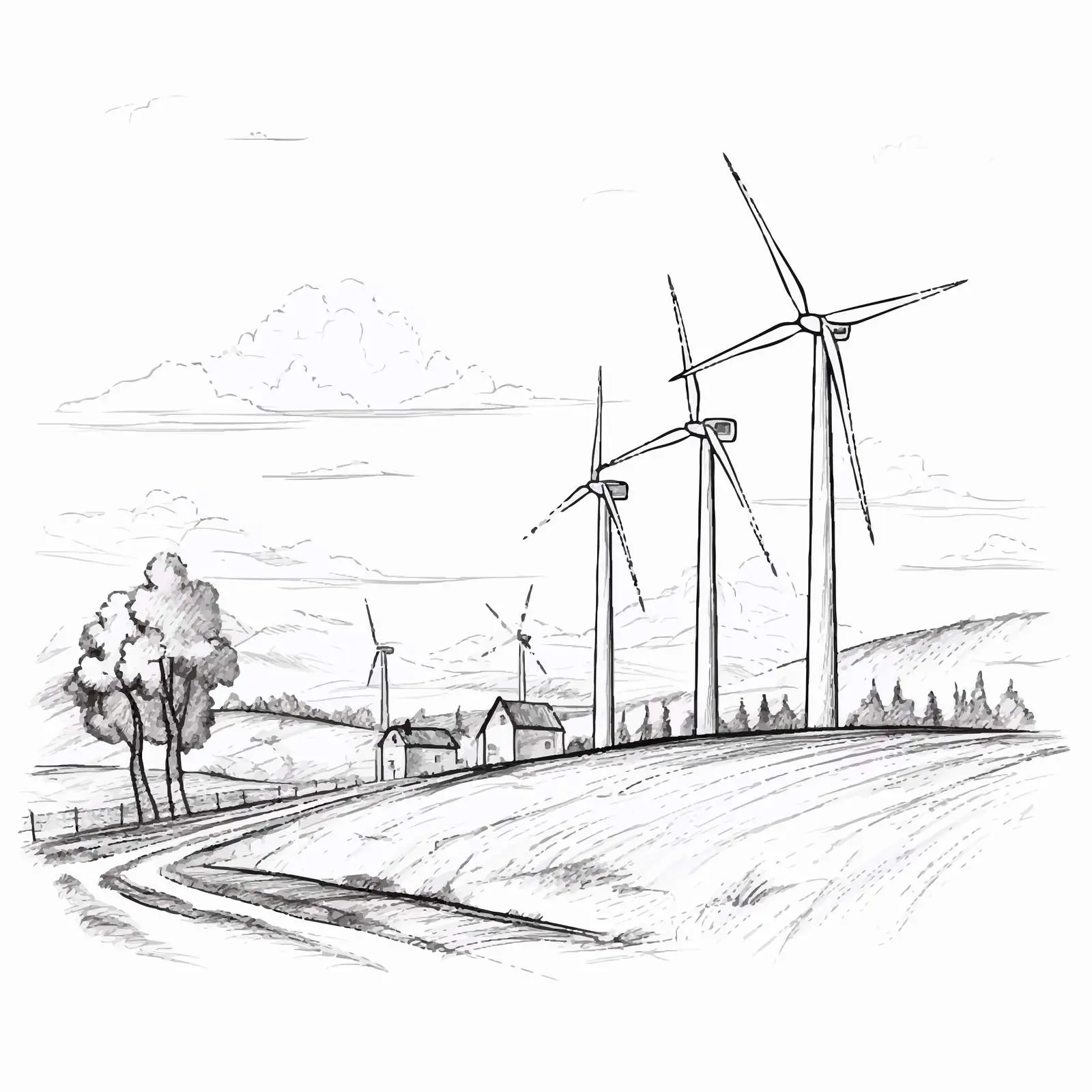 Hand-Drawn Wind Generator Landscape Sketch – free sketch illustration image from Dotvec