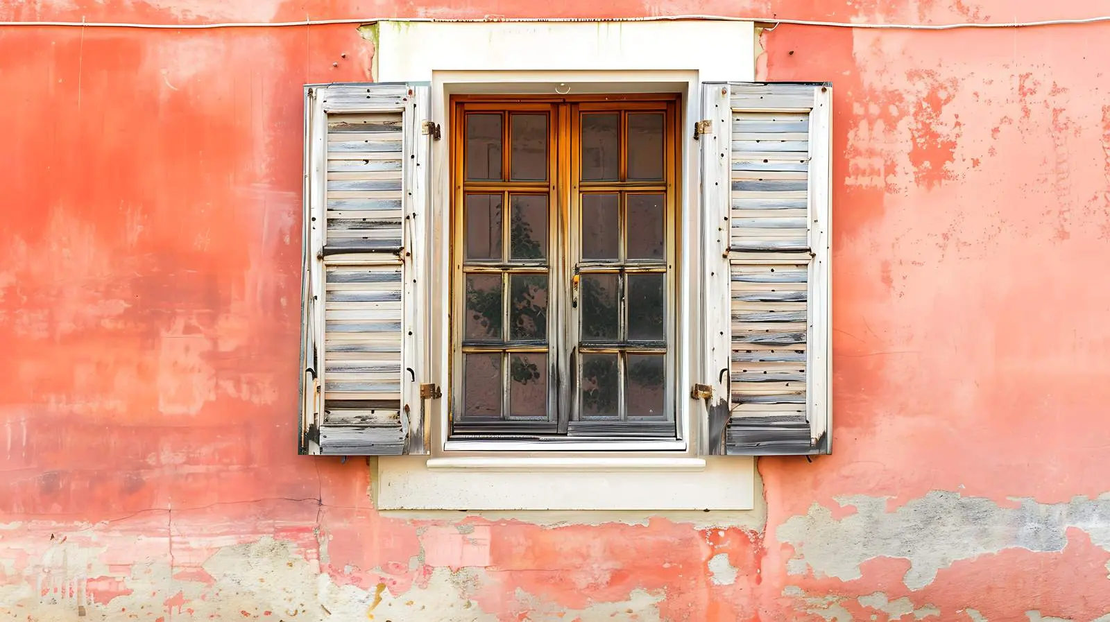 Traditional Window with Wooden Shutters and Coral Wall — free download from Dotvec