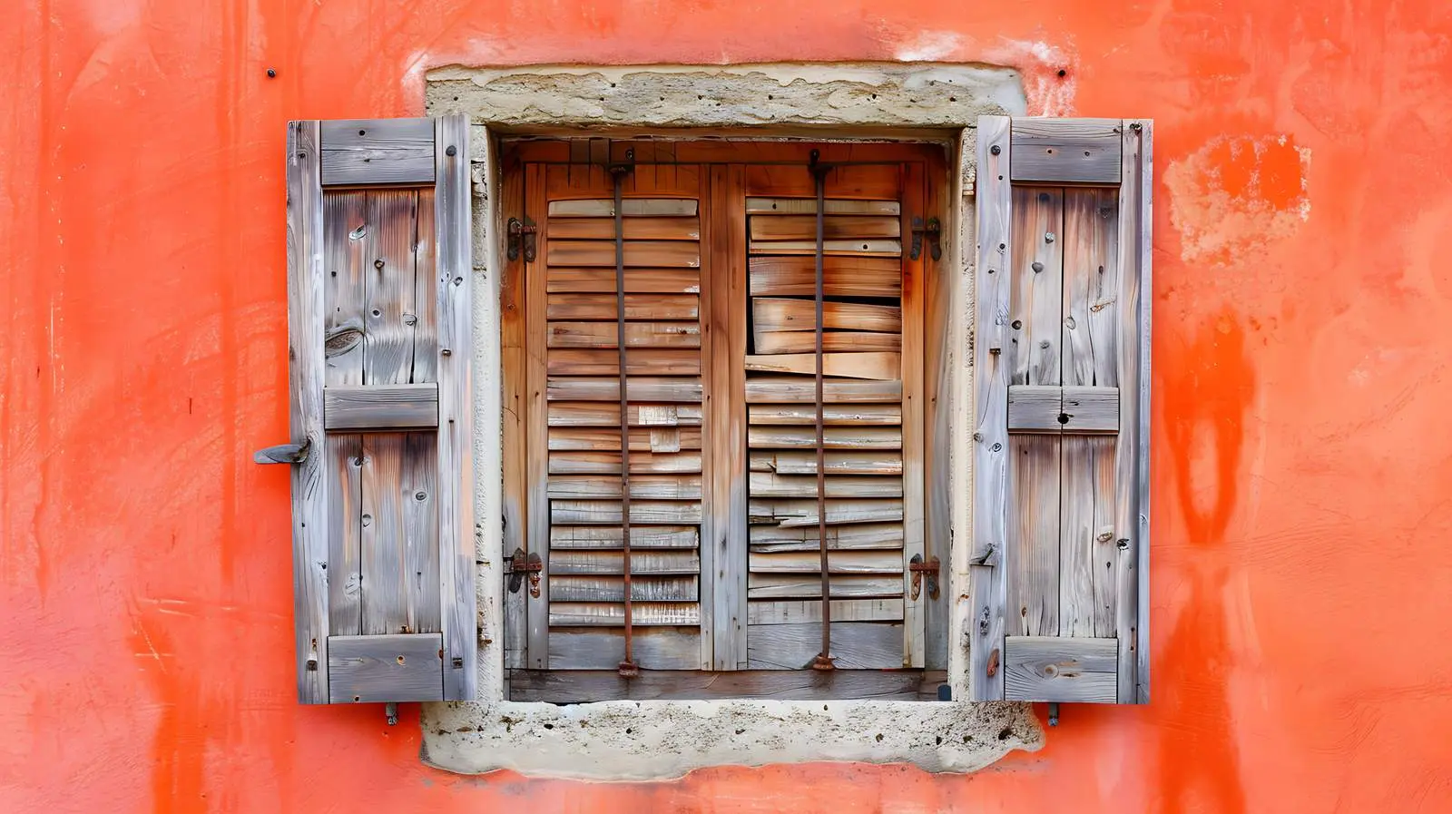 Traditional Window with Wooden Shutters and Coral Wall — free download from Dotvec