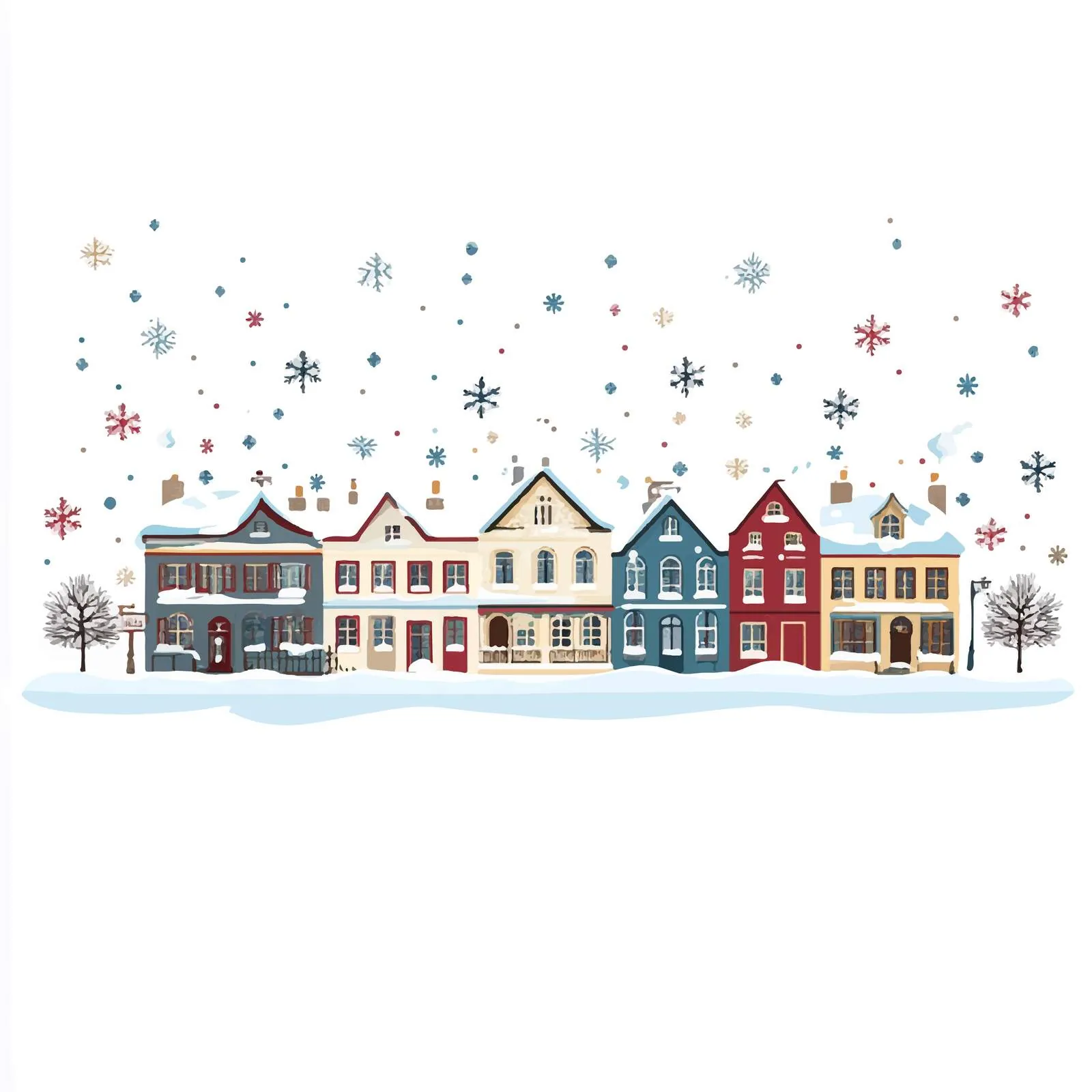 Winter Cityscape with Snowy Houses and Snowflakes — free download from Dotvec