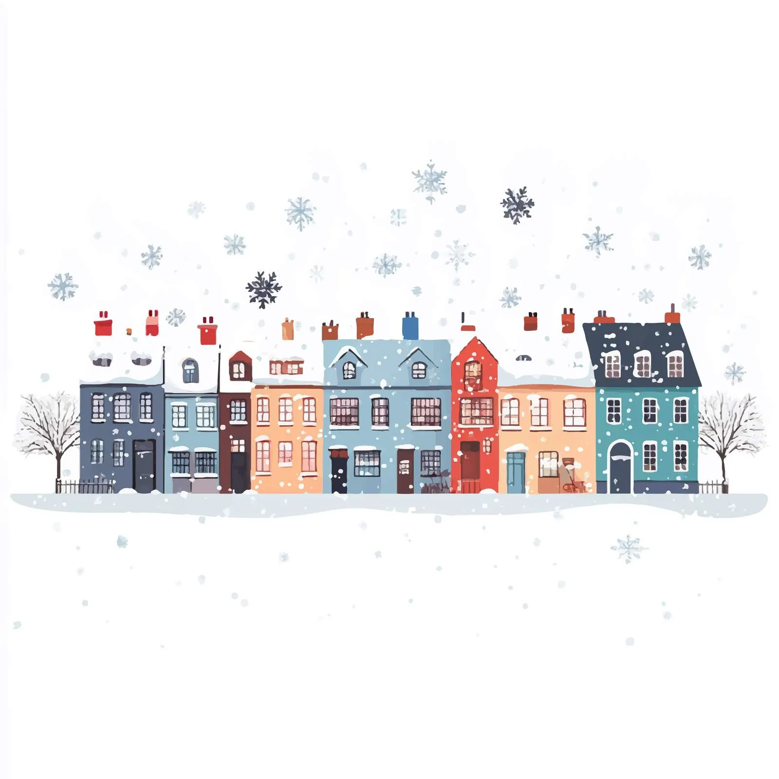 Winter Cityscape with Snowy Houses and Snowflakes — free download from Dotvec