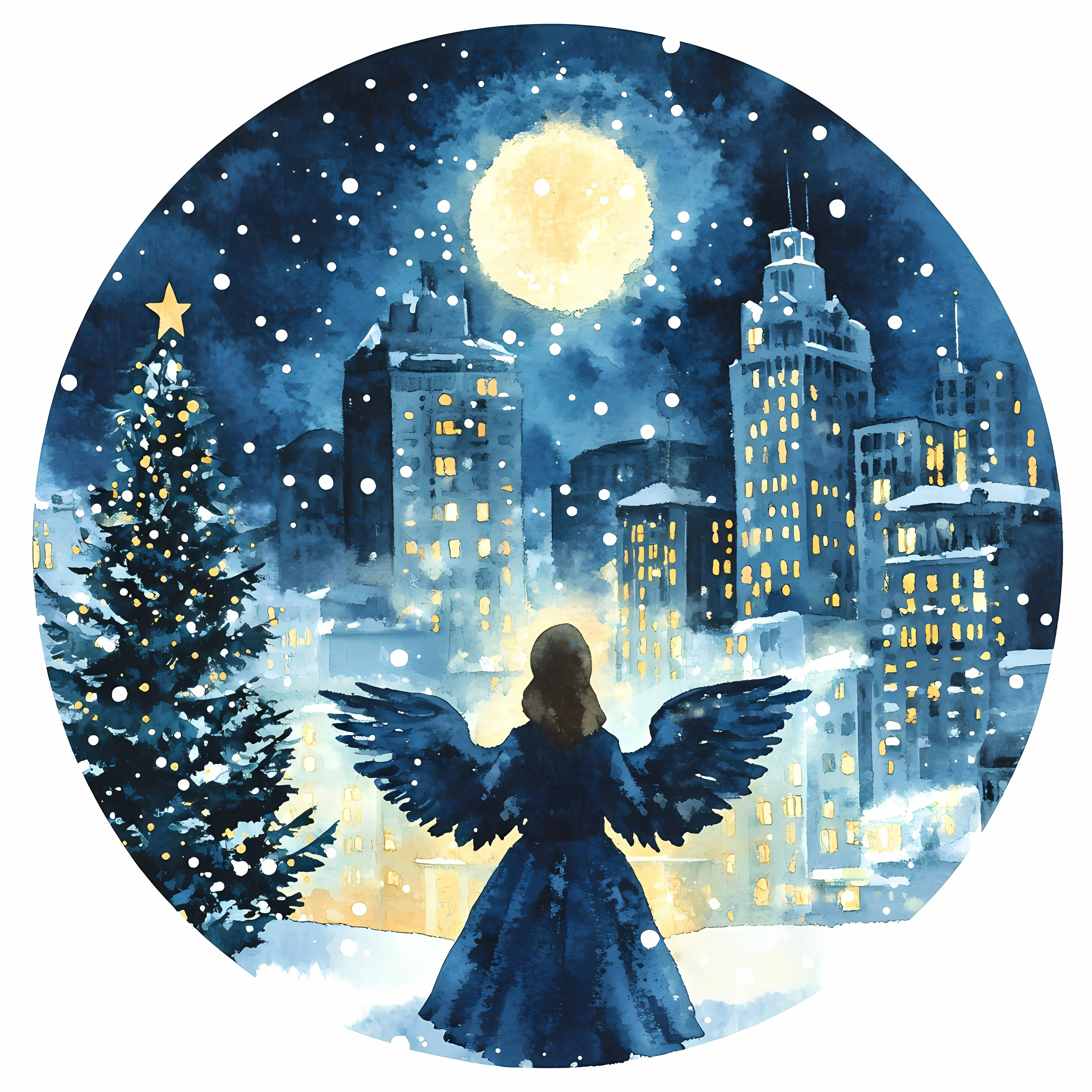 Winter Cityscape with Christmas Tree and Angel Silhouette — free download from Dotvec