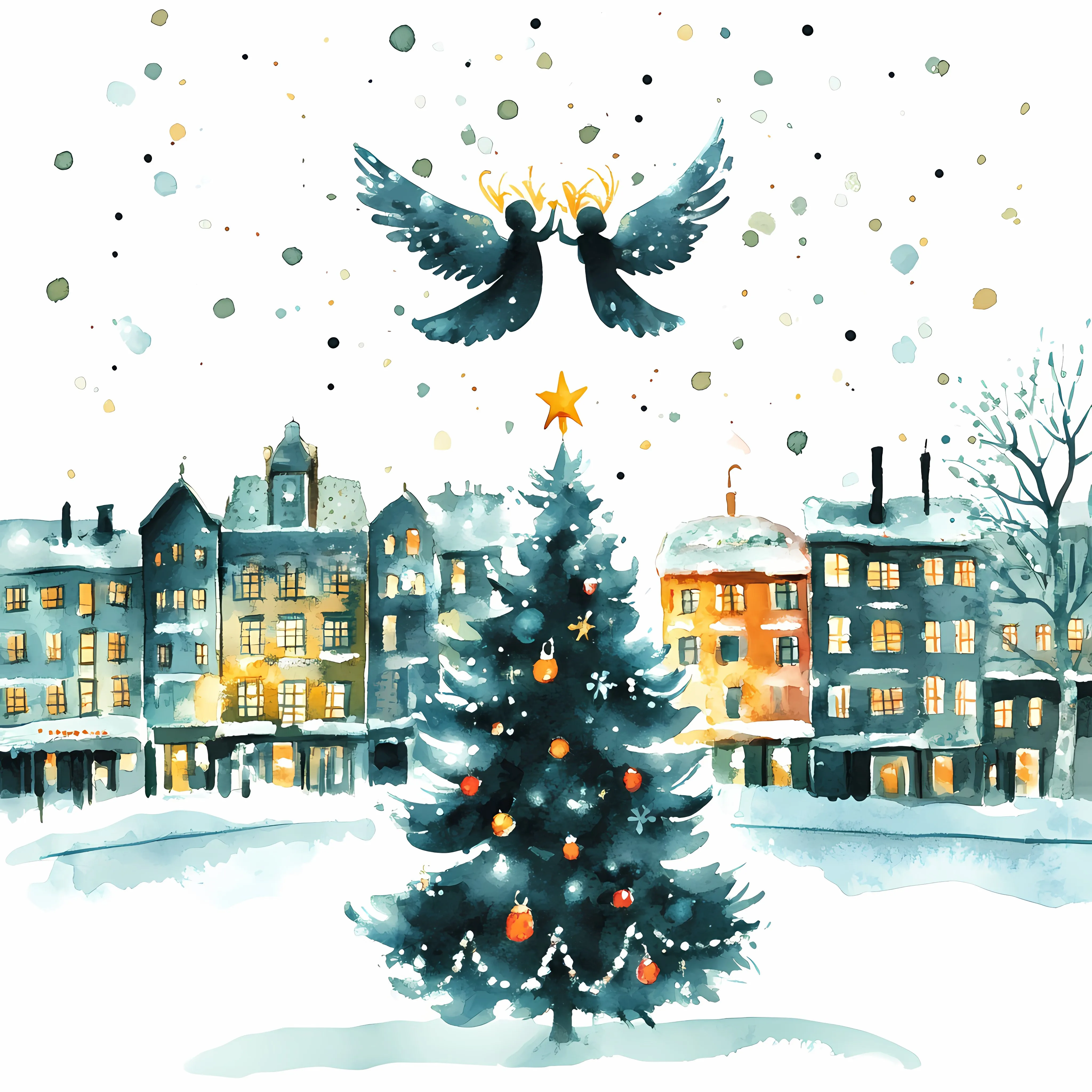 Winter Cityscape with Christmas Tree and Angel Silhouette — free download from Dotvec