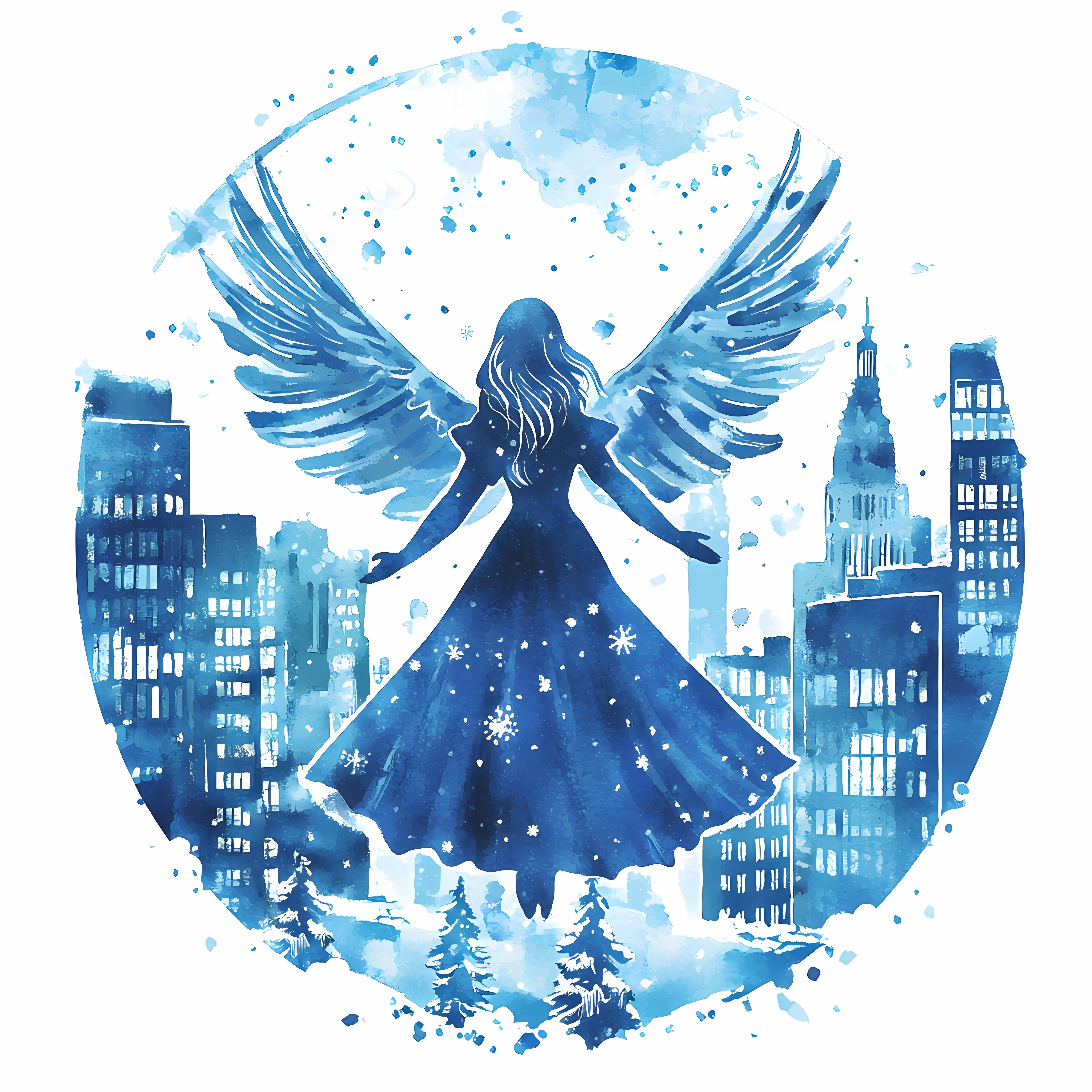 Winter Cityscape with Christmas Tree and Angel Silhouette – free oatmeal image from Dotvec