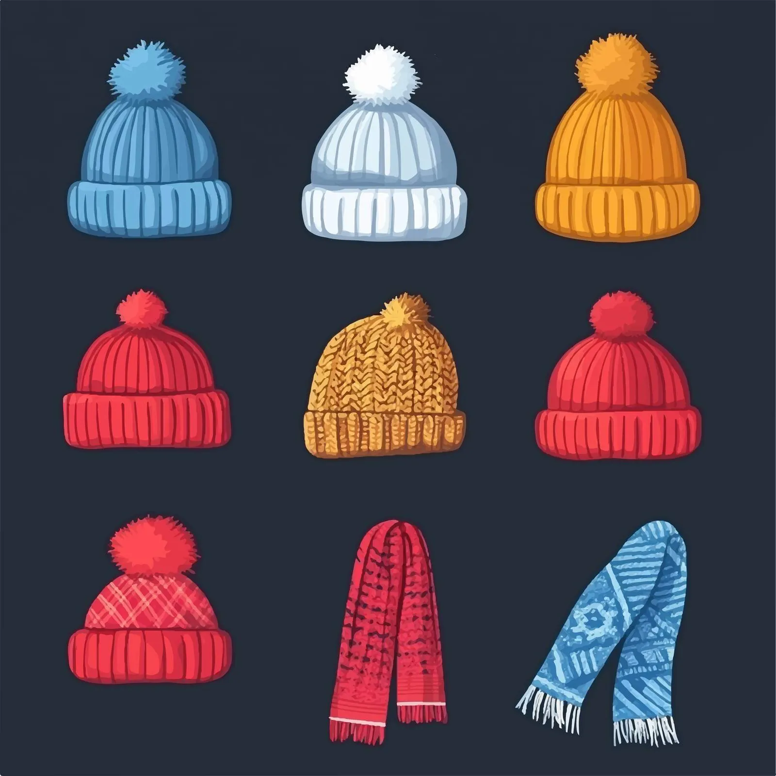 Knitted Winter Hats and Scarves Icons Vector Design – free knitwear image from Dotvec