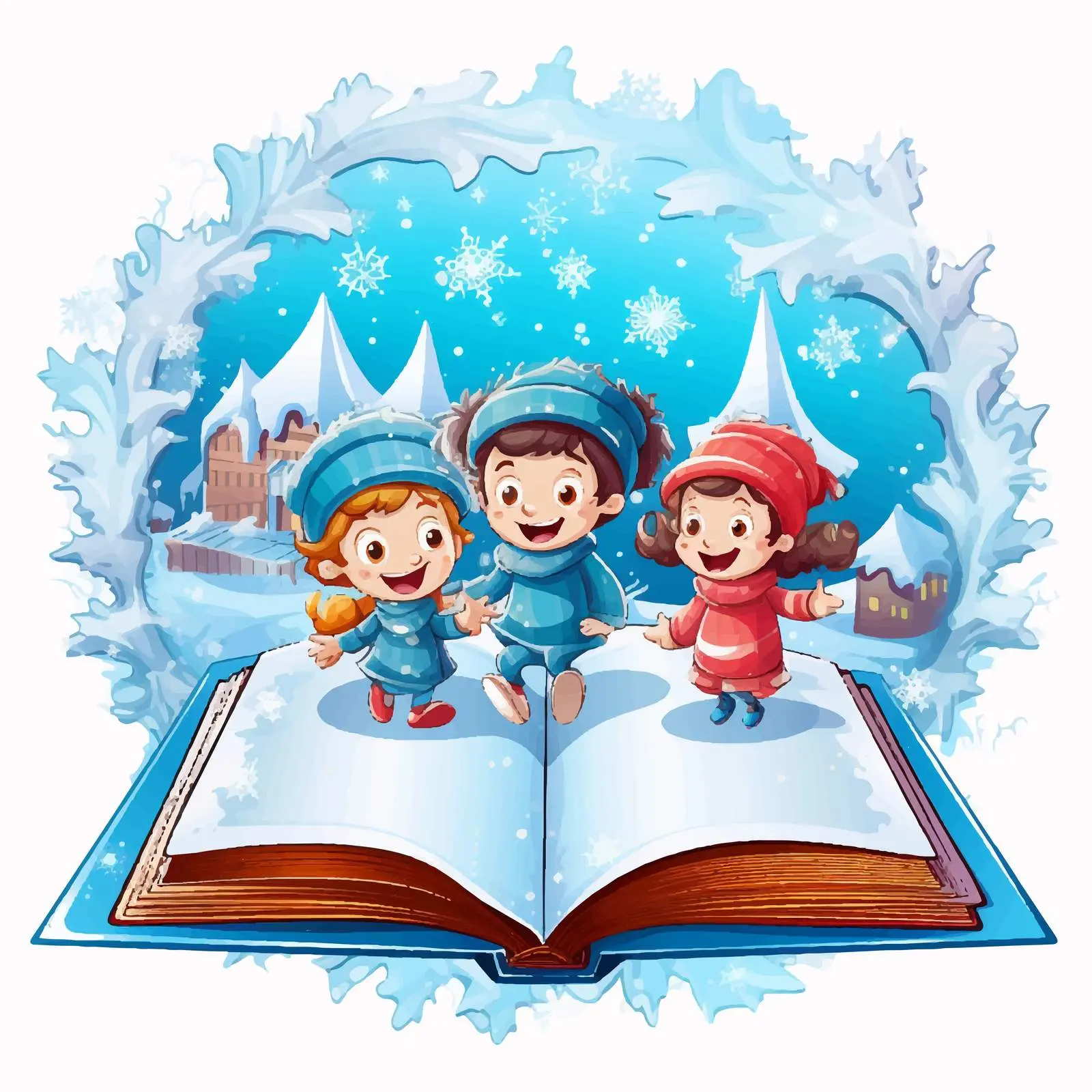 Winter Kids Emerging from Magical Book — free download from Dotvec