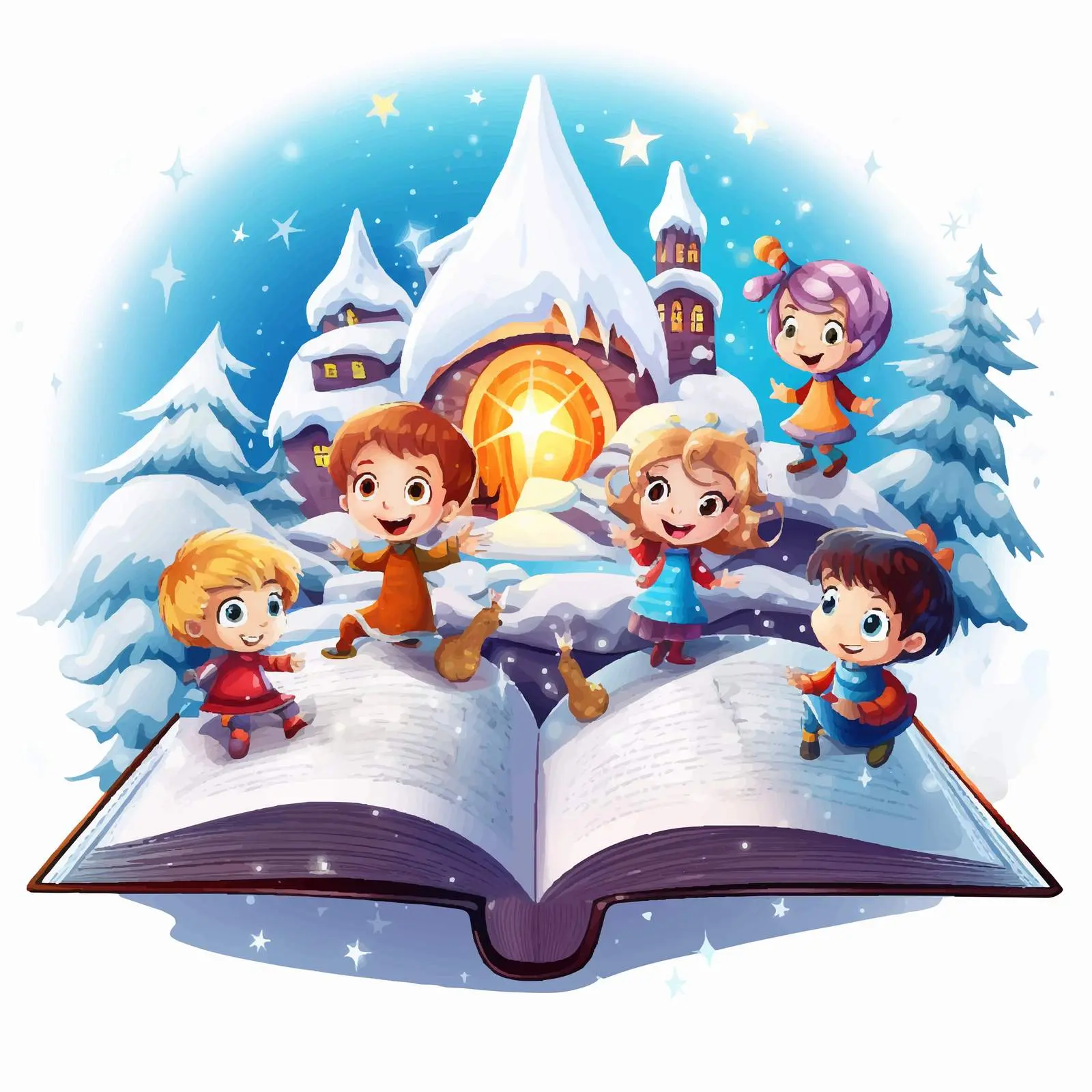 Kids Emerging from a Magical Winter Book — free download from Dotvec