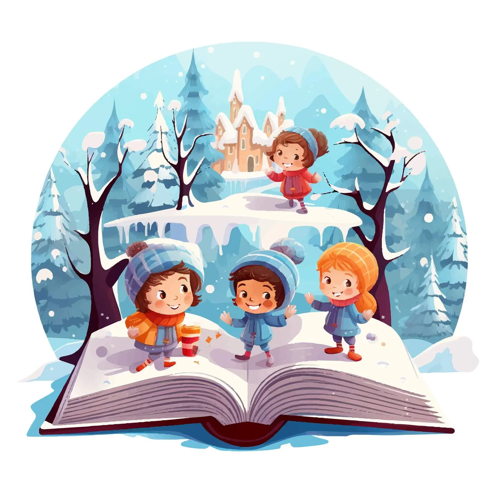 Winter Kids Emerging from Magical Book — free download from Dotvec