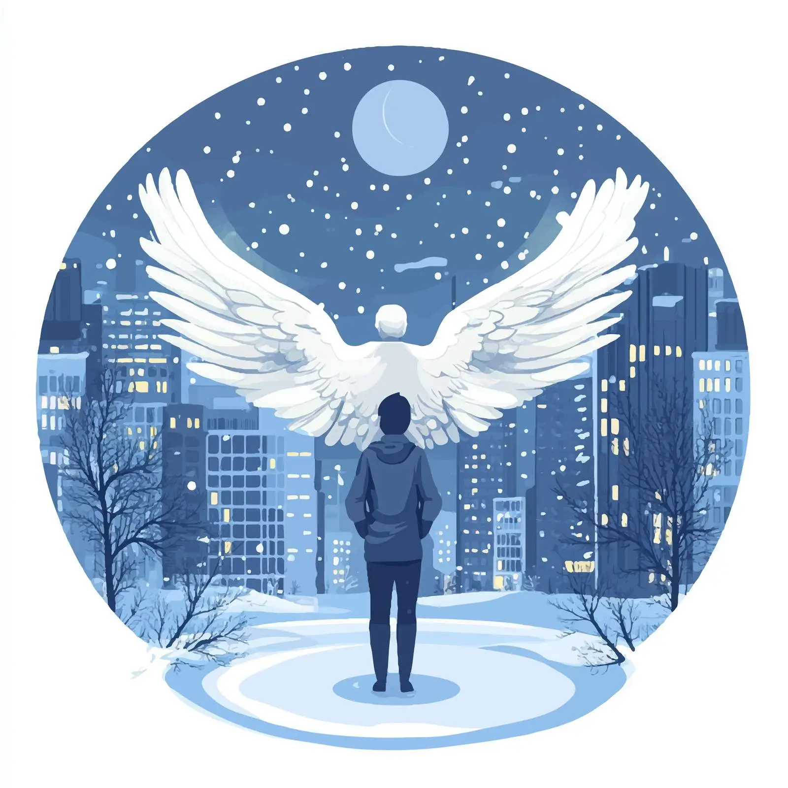 Winter Night Cityscape with Angel Centered View — free download from Dotvec