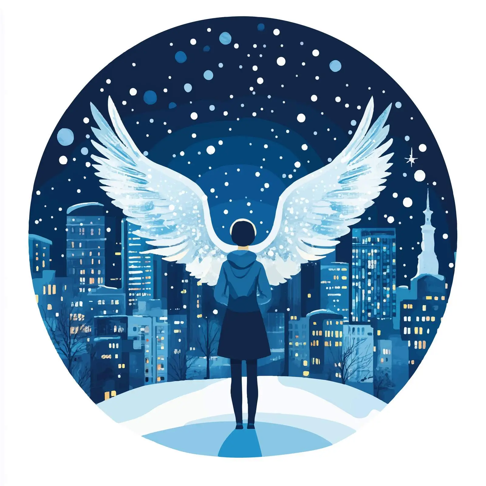Winter Night Cityscape with Angel Centered Composition — free download from Dotvec