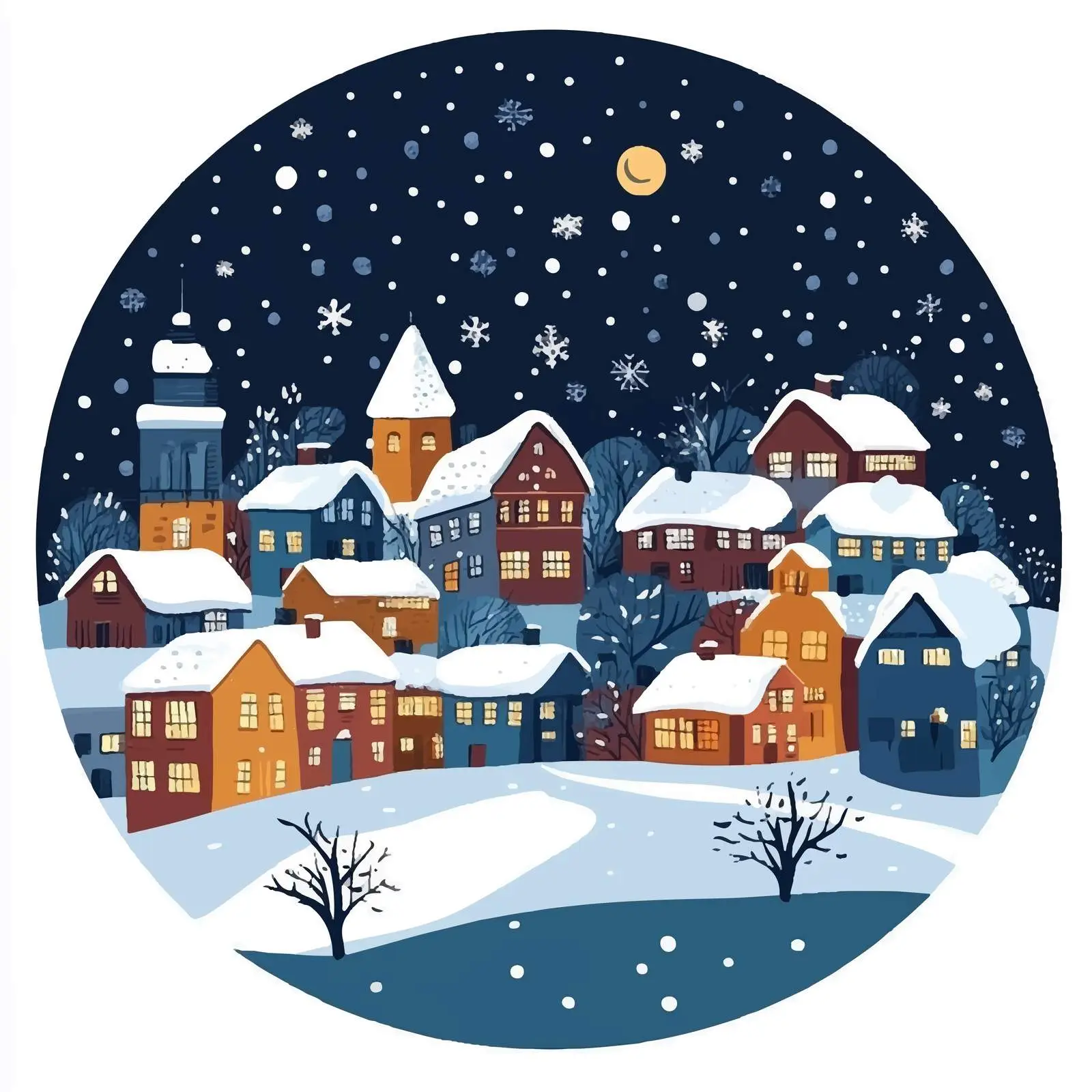 Winter Night Townscape with Moon and Houses — free download from Dotvec