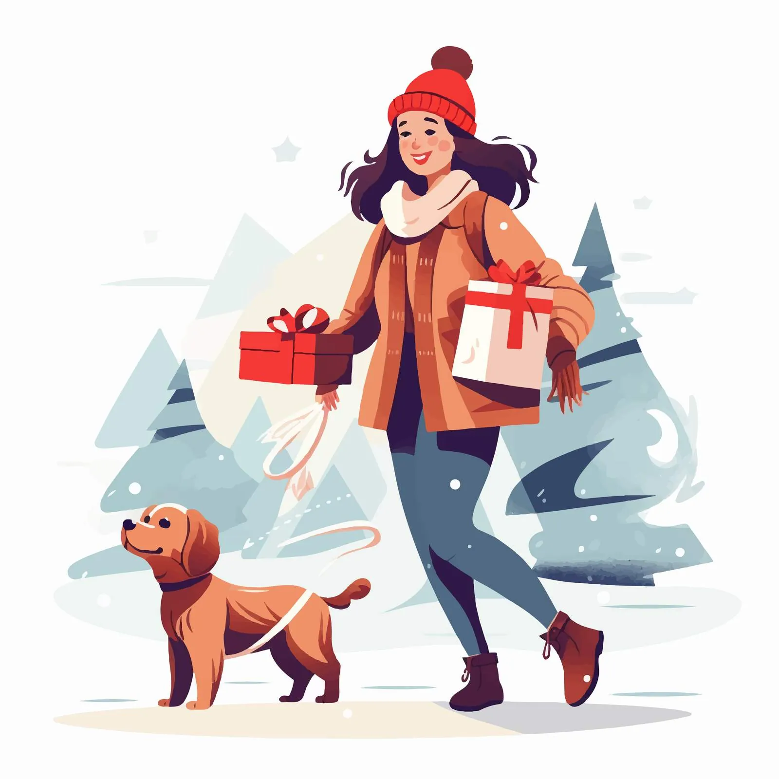 Woman Walking Dog with Christmas Gifts — free download from Dotvec