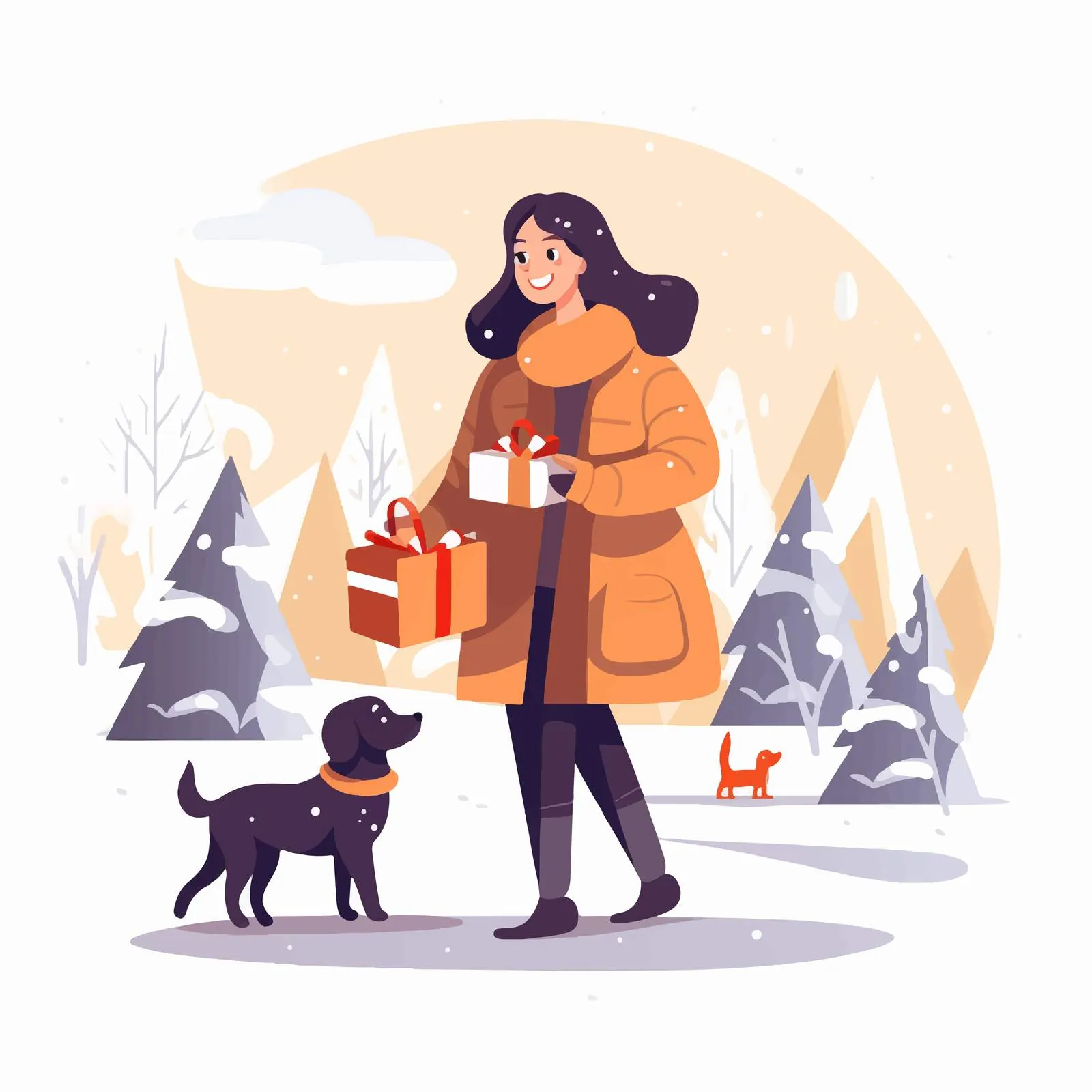 Woman and Dog Walking with Christmas Gifts — free download from Dotvec