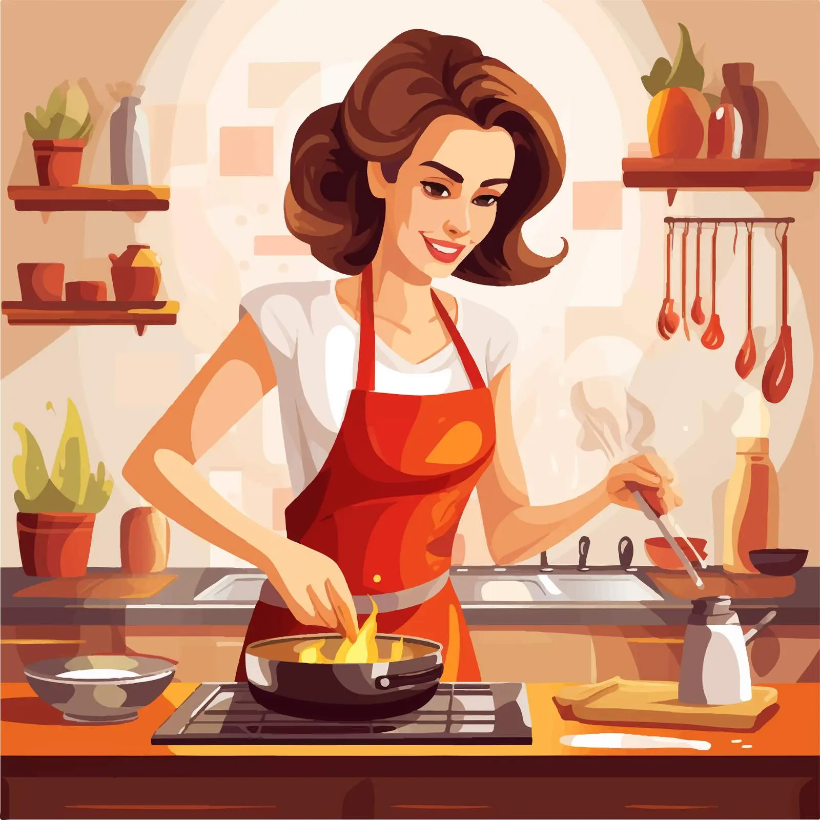 Woman Cooking in Kitchen Vector Illustration — free download from Dotvec