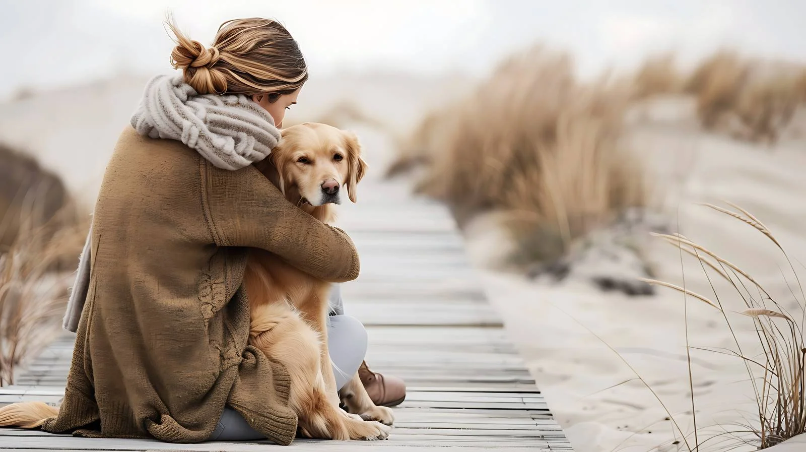 Woman and Dog Embracing on Coastal Path — free download from Dotvec