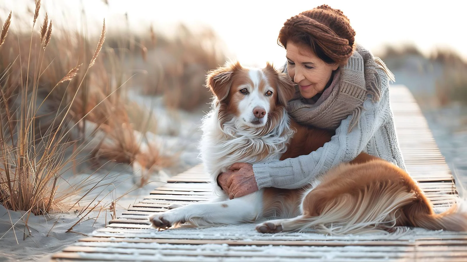 Serene Woman Embracing Dog by Dunes — free download from Dotvec