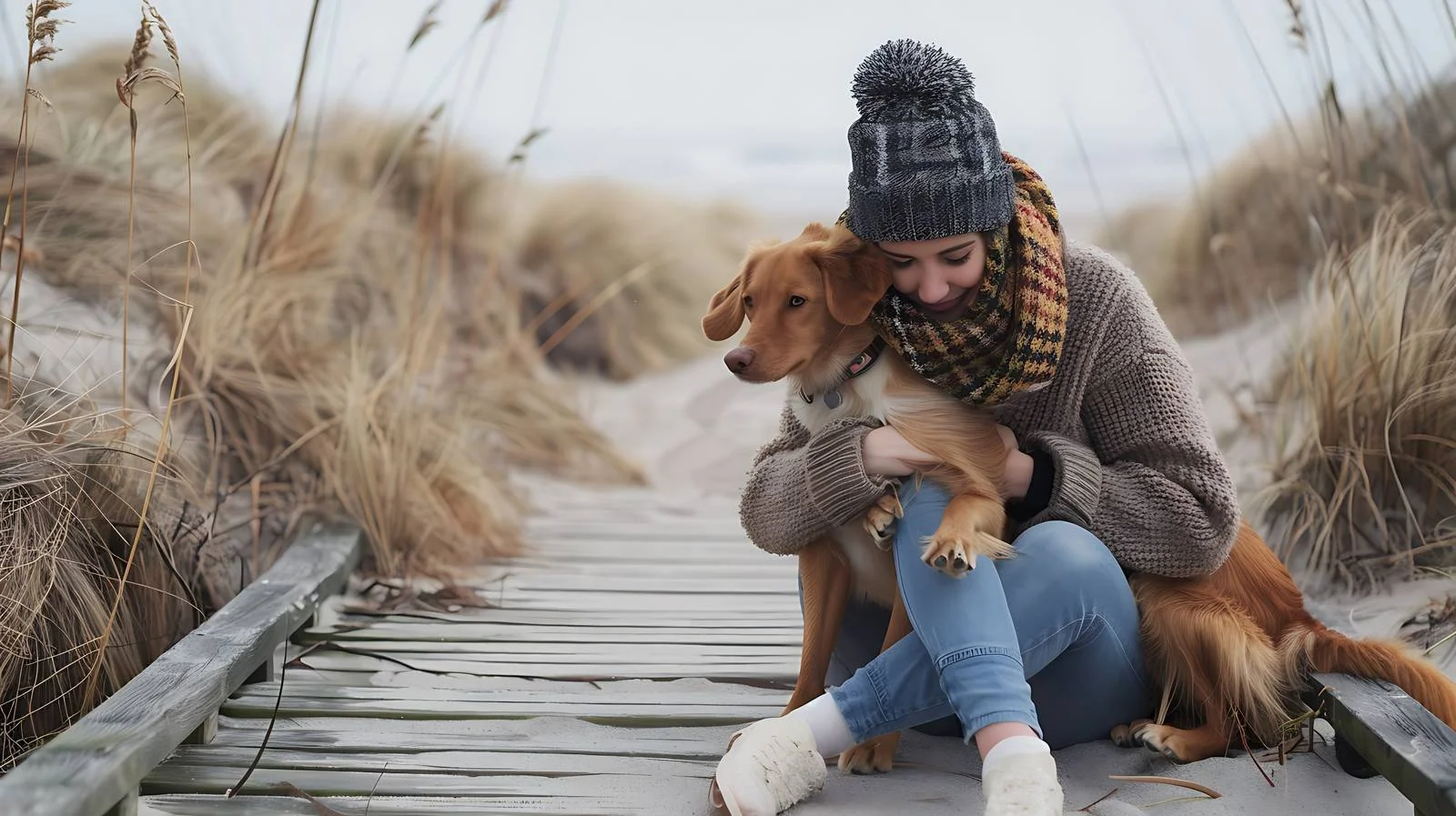Serene Woman Embraces Dog on Beach Path — free download from Dotvec