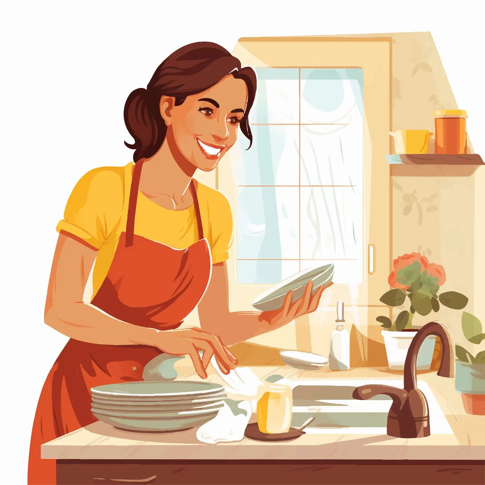 Woman Doing Dishes in Cartoon Style Vector – free cooking scene image from Dotvec