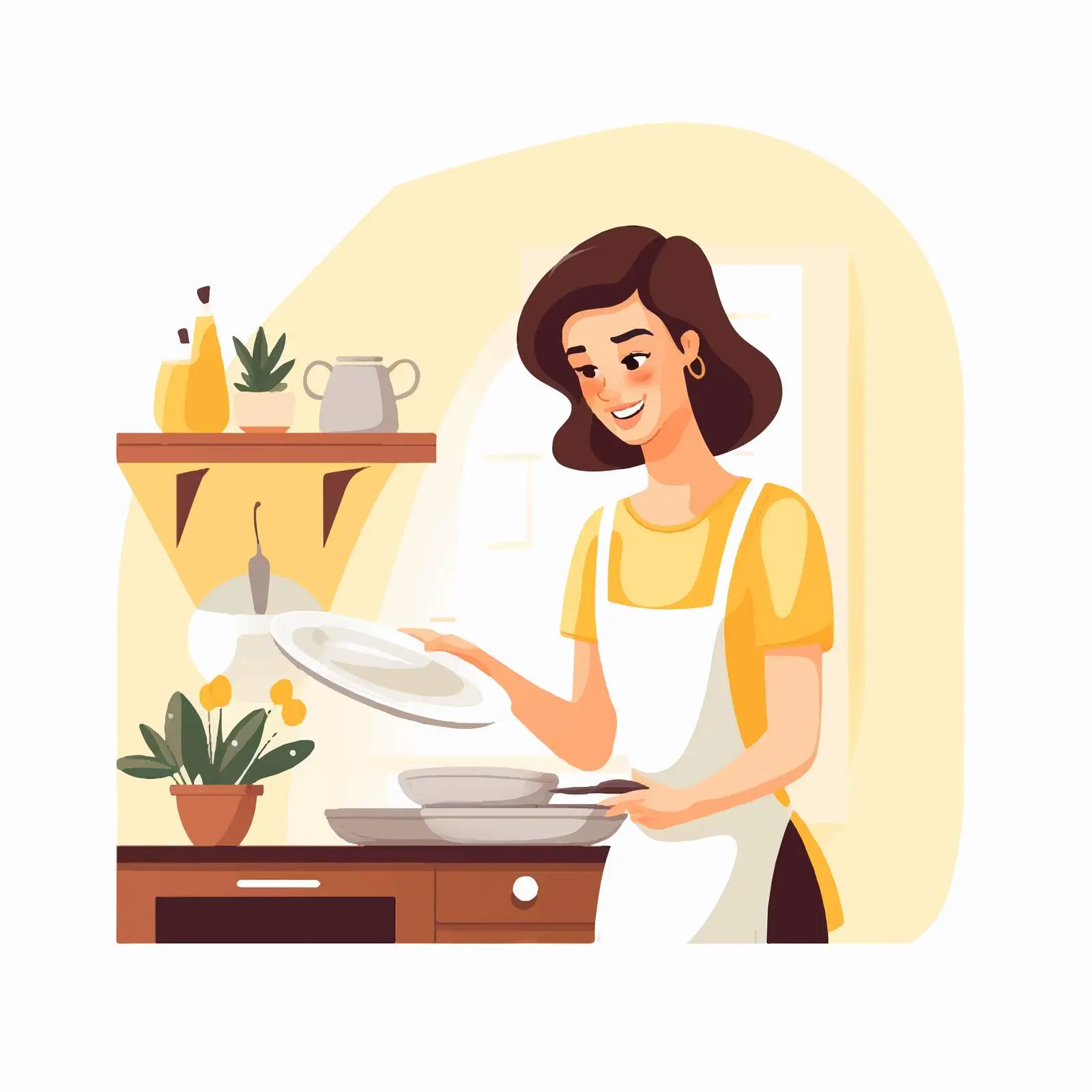 Woman Doing Dishes in Kitchen Vector Illustration — free download from Dotvec