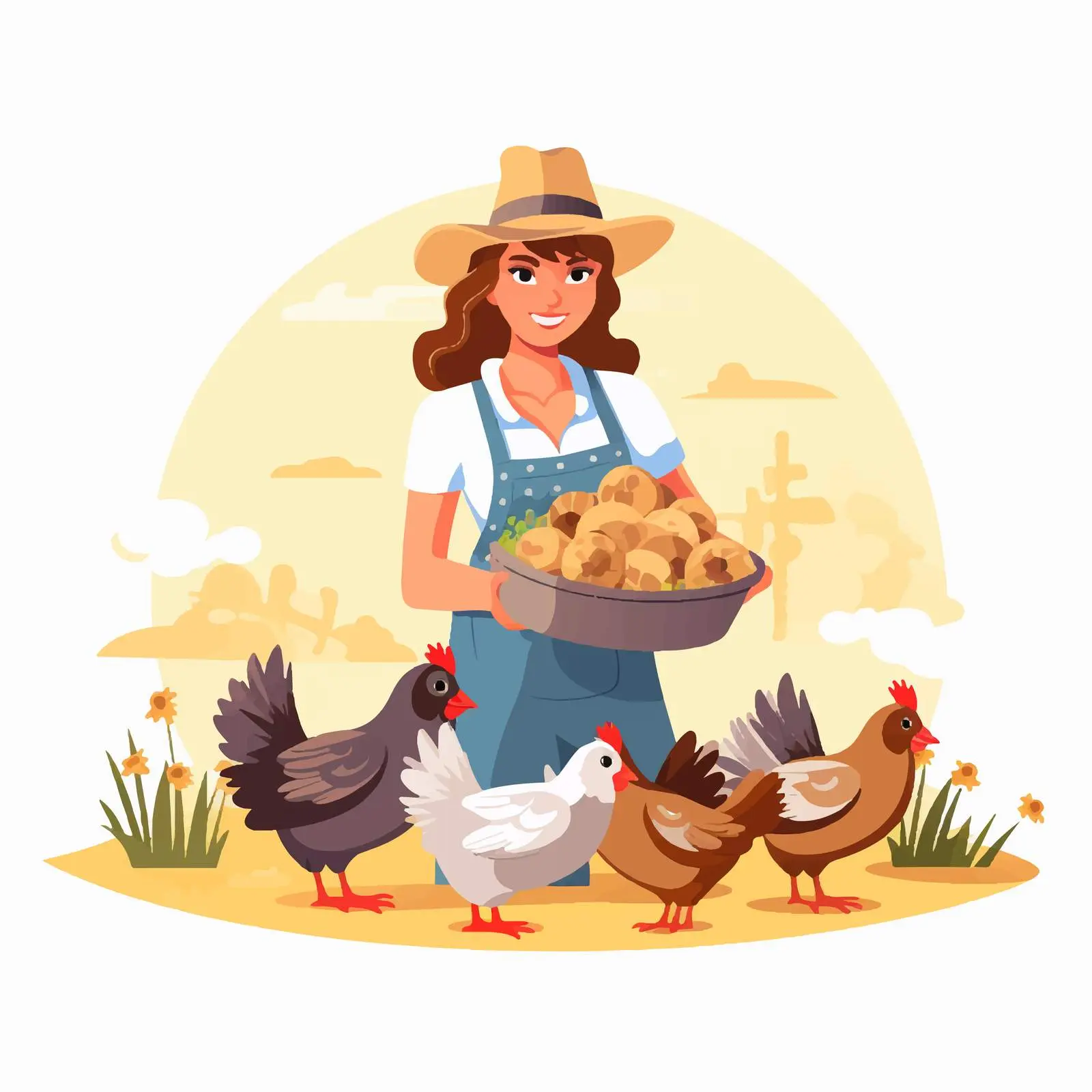 Woman Farmer Feeding Chickens with Seeds