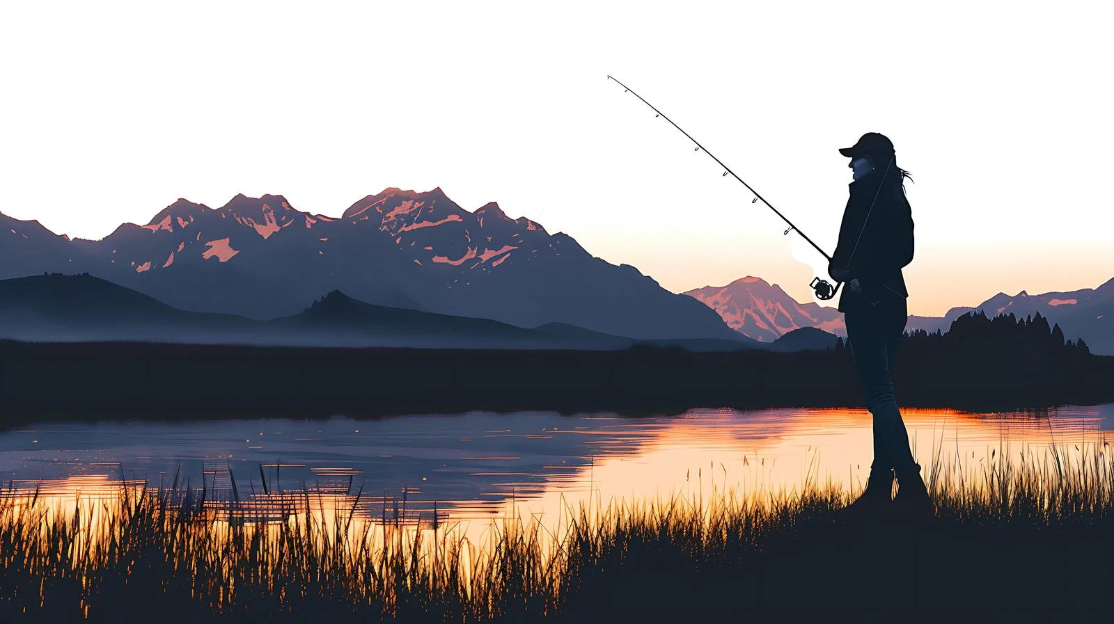Serene Woman Fishing at Sunset with Majestic Mountains — free download from Dotvec