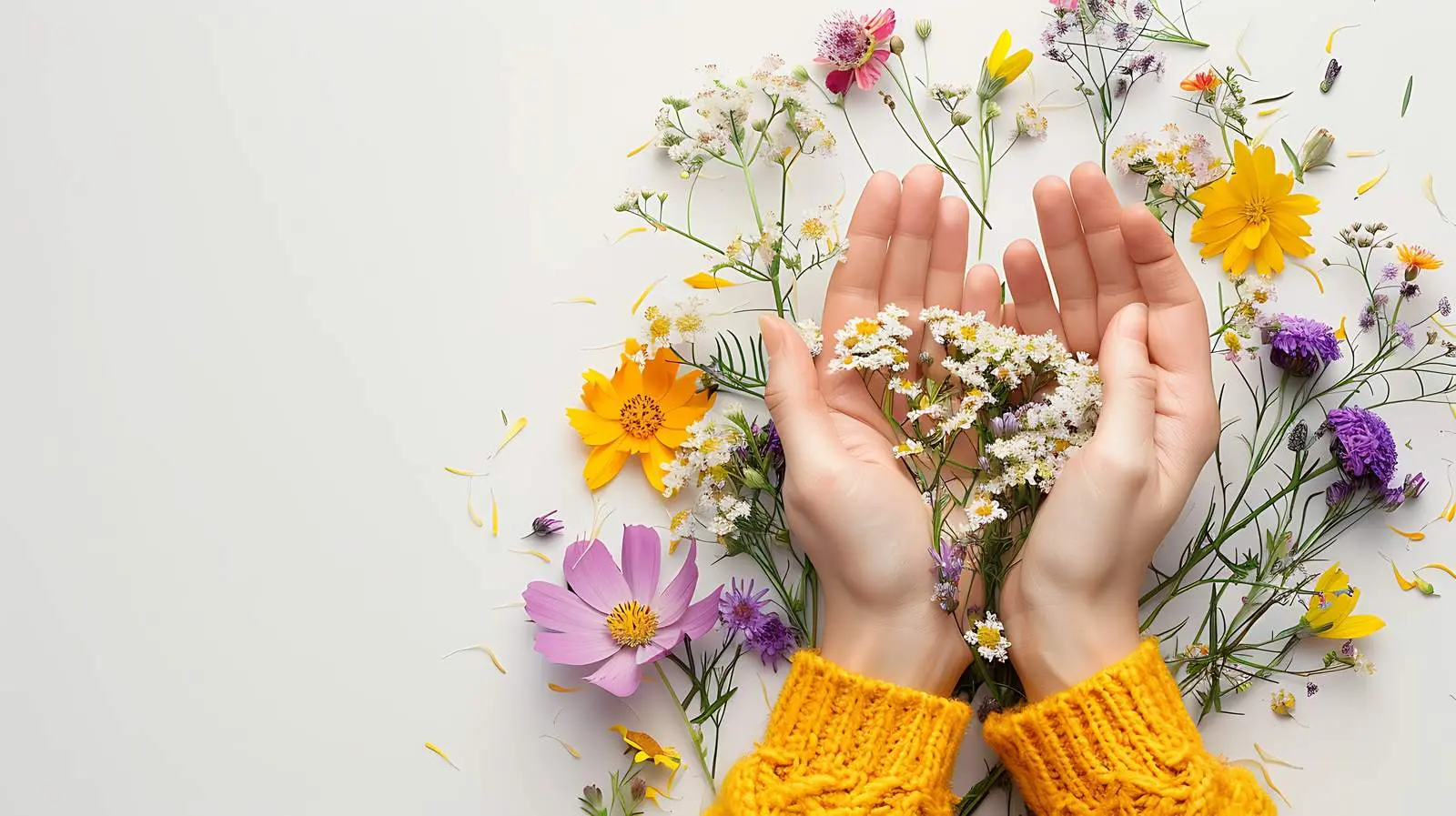 Woman Holding Wild Flowers on White Background — free download from Dotvec