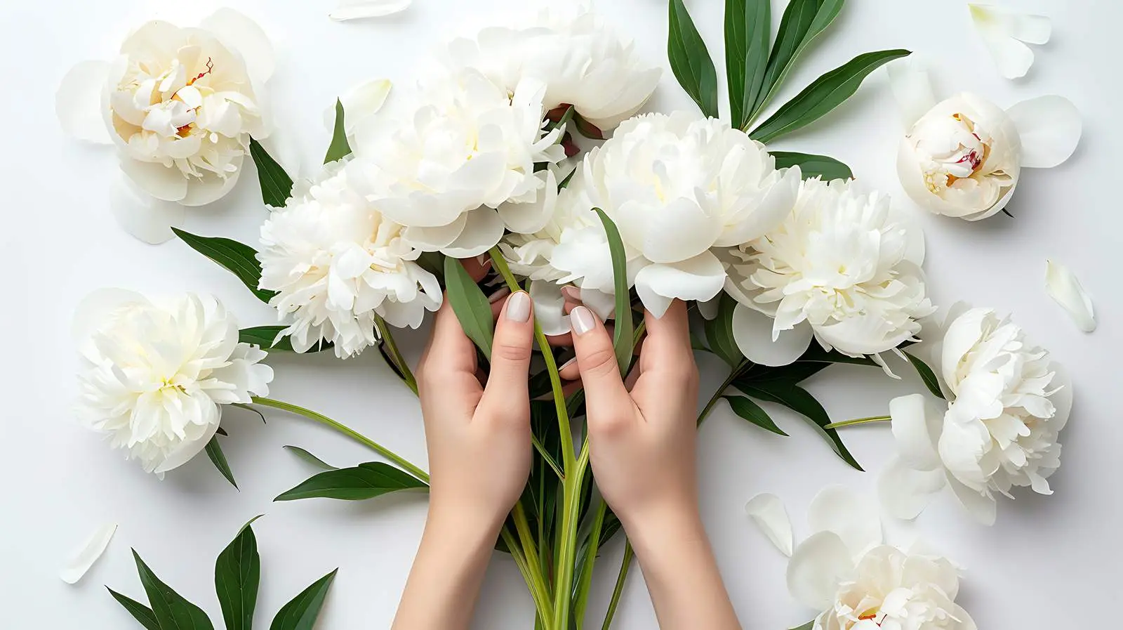 Woman Holding White Peonies Bouquet on White — free download from Dotvec