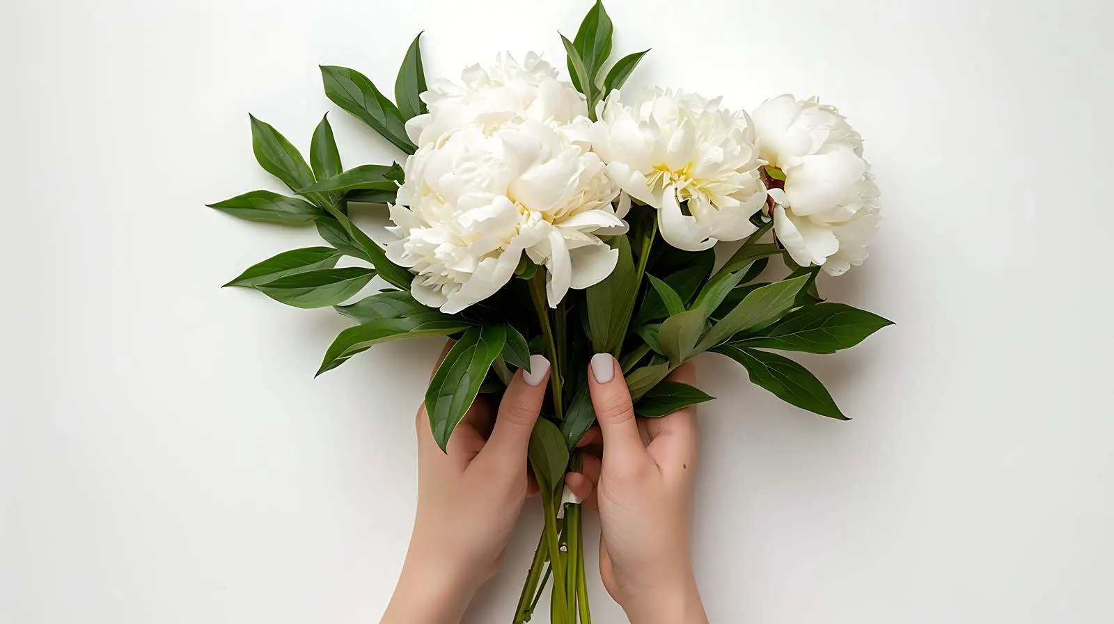 Woman Holding White Peonies Bouquet on White Background — free download from Dotvec