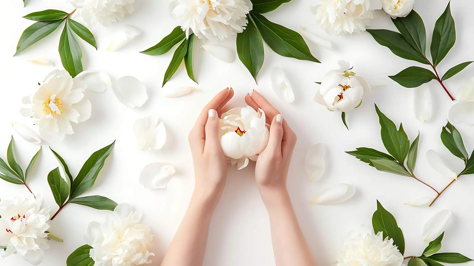 Hands Holding White Peonies on White Background — free download from Dotvec