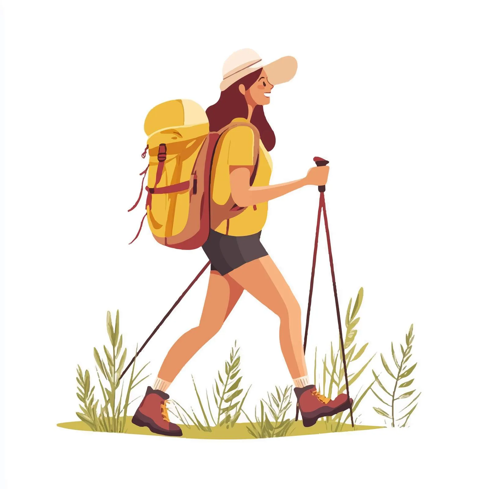 Happy Woman Hiker Trekking with Backpack – free walking stick image from Dotvec